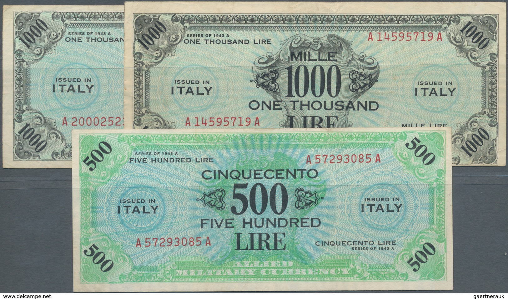 Italy / Italien: Lot With 3 Banknotes 500 Lire AMC (XF) And Two Times 1000 Lire Series 1943A (F/F+), - Sonstige & Ohne Zuordnung