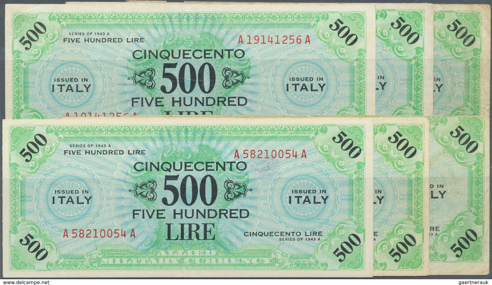 Italy / Italien: Set Of 6 Notes Allied Military Currency 500 Lire 1943A P. M22, All Used With Folds, - Sonstige & Ohne Zuordnung