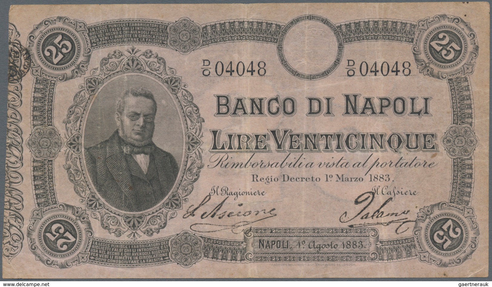 Italy / Italien: Banco Di Napoli 25 Lire 1883 P. S843, Rare Note With Vertical And Horizontal Folds, - Otros & Sin Clasificación