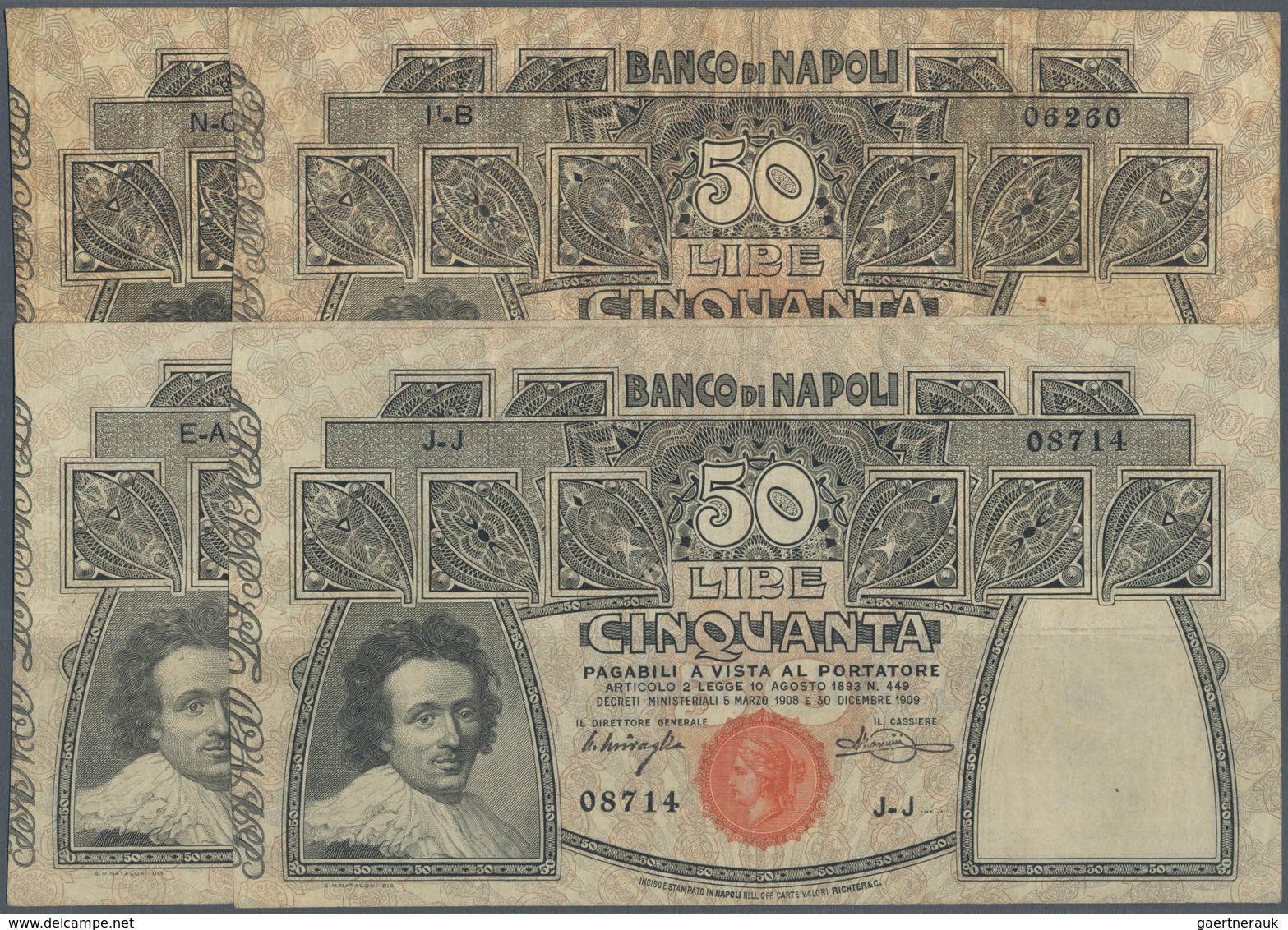 Italy / Italien: Set Of 4 Pcs Banco Di Napoli 50 Lire 1909-1921 P. S856, All Notes Used, Two Without - Andere & Zonder Classificatie