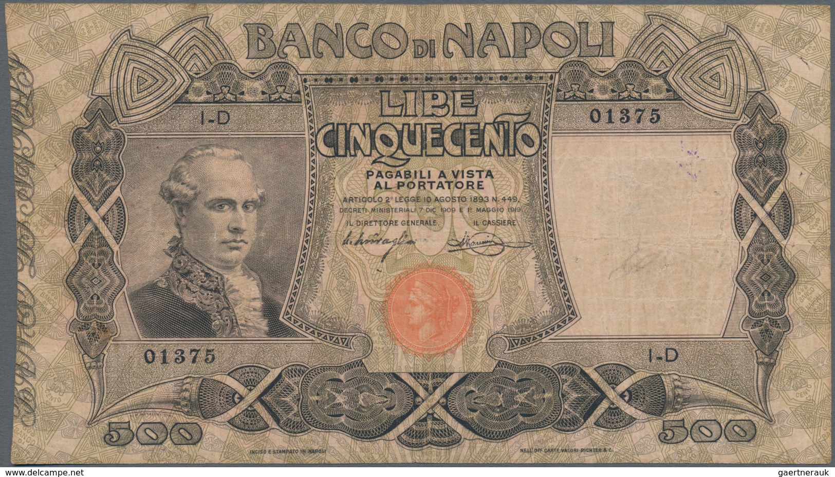 Italy / Italien: Set 3 Pcs 500 Lire 1919 "Banco Di Napoli" P. S858, All Used With Light Folds In Pap - Andere & Zonder Classificatie