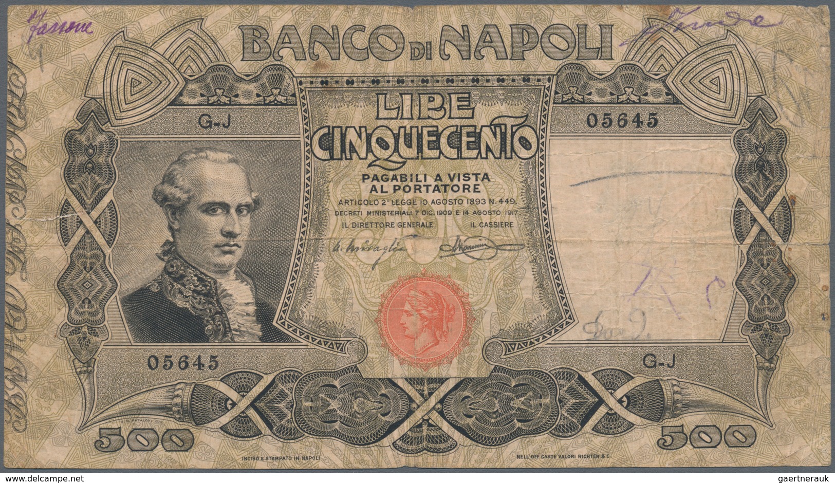 Italy / Italien: Set 3 Pcs 500 Lire 1919 "Banco Di Napoli" P. S858, All Used With Light Folds In Pap - Andere & Zonder Classificatie