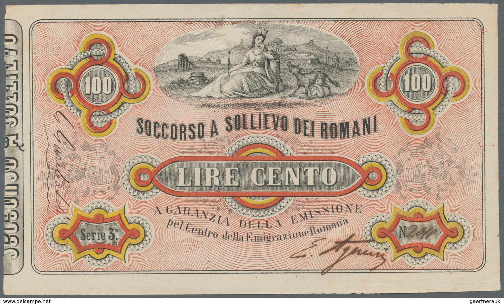 Italy / Italien: Soccorso A Sollievo Dei Romani 100 Lire ND(1867) P. NL, Crisp Original Without Dama - Sonstige & Ohne Zuordnung