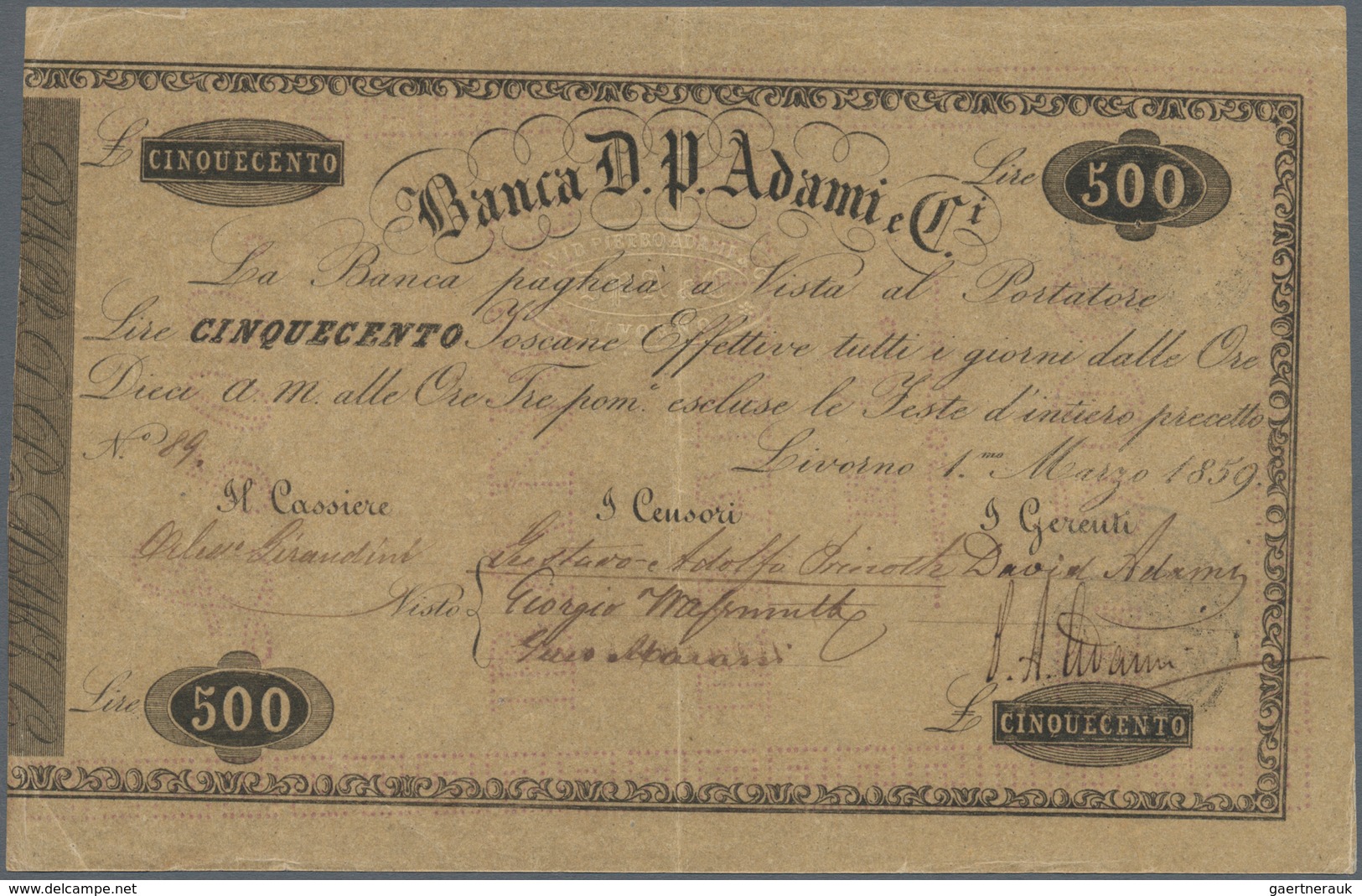 Italy / Italien: Banca D. P. Adami, 500 Lire 1859 P. NL, Very Rare And Seldom Seen Note, Used With C - Otros & Sin Clasificación