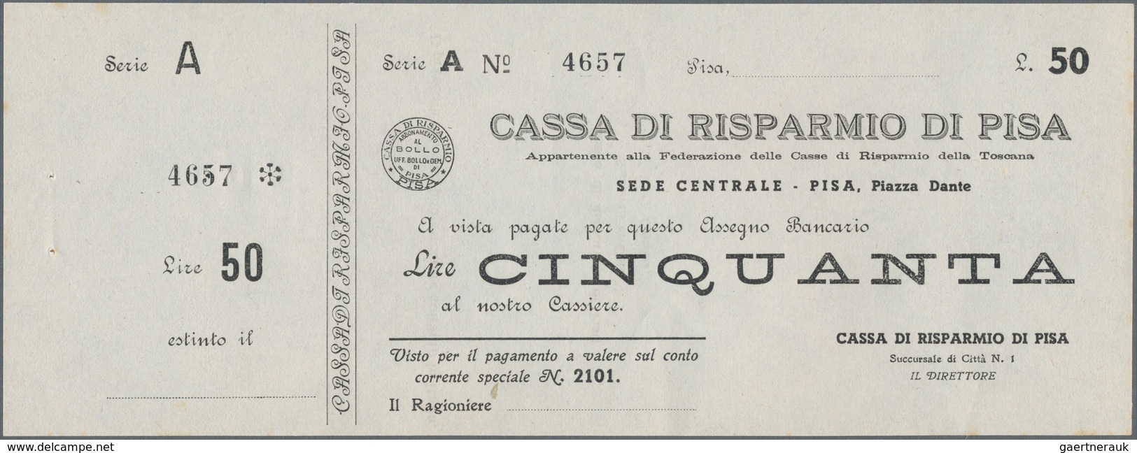 Italy / Italien: Blanco Cheque Form Of 50 Lire Cassa Di Risparmio Di Pisa With Counterfoil, Series " - Otros & Sin Clasificación