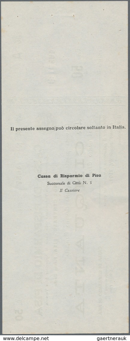 Italy / Italien: Blanco Cheque Form Of 50 Lire Cassa Di Risparmio Di Pisa With Counterfoil, Series " - Sonstige & Ohne Zuordnung