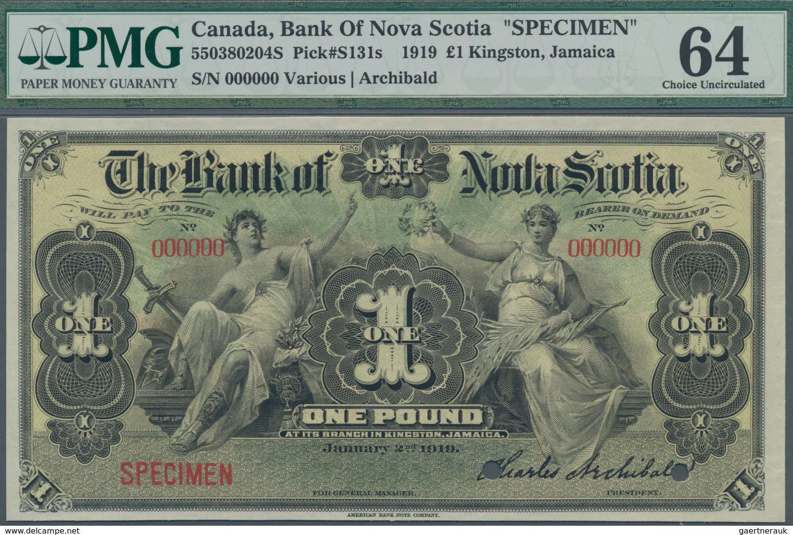 Jamaica: The Bank Of Nova Scotia 1 Pound 1919 SPECIMEN, P.S131s, Uncirculated And PMG Graded 64 Choi - Jamaica