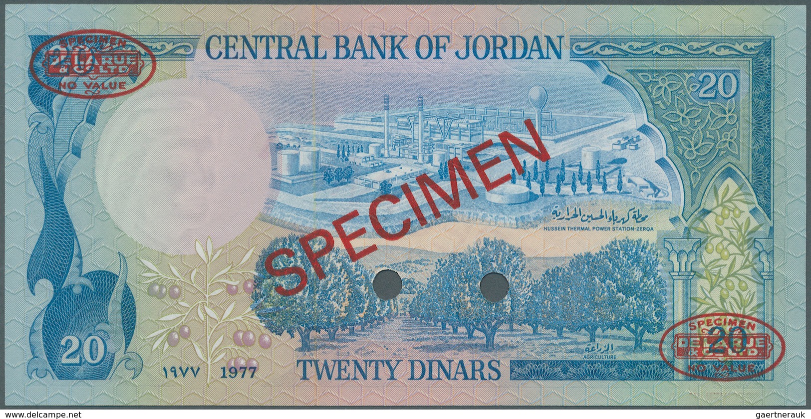 Jordan / Jordanien: 20 Dinars 1977 (1991) Specimen P. 22s. This Highly Rare Specimen Banknote Has Ov - Jordania