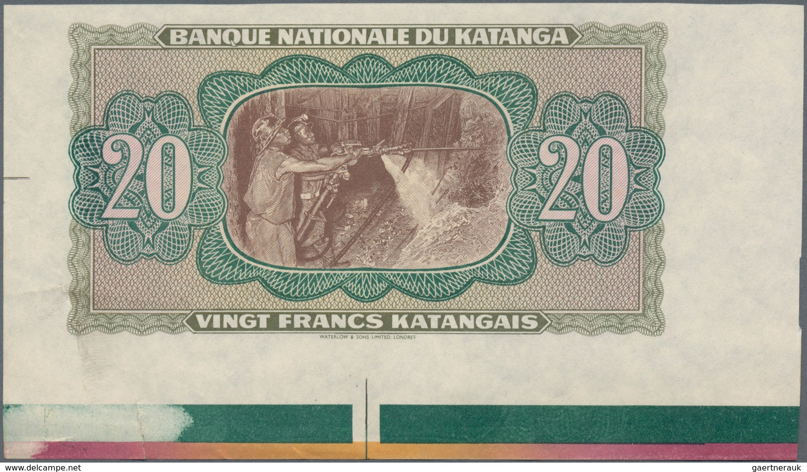 Katanga: Banque Nationale Du Katanga Unfinished Front Proof For 20 Francs 1960, P.6A With Small Bord - Sonstige – Afrika