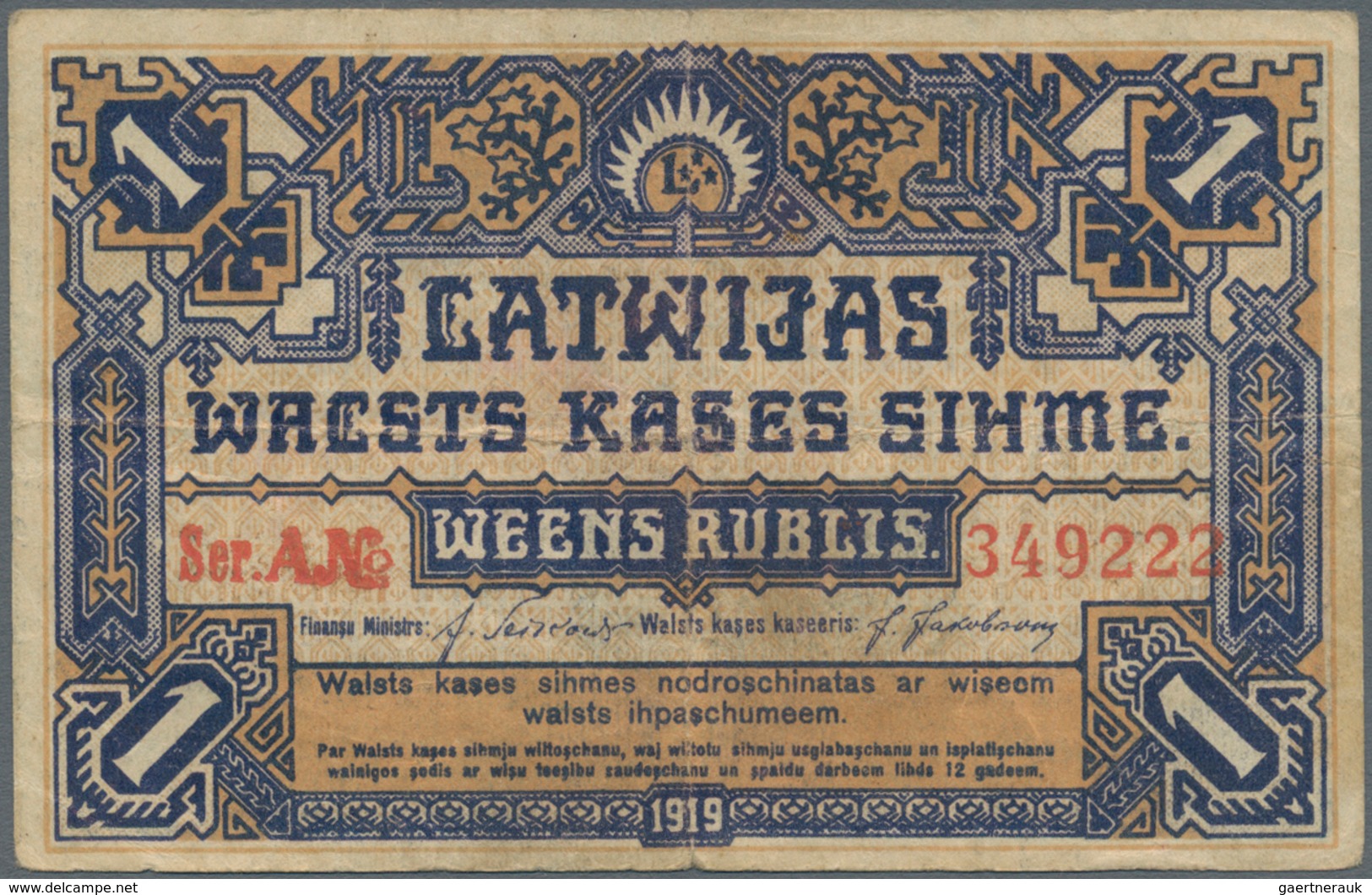 Latvia / Lettland: Latwijas Walsts Kaşes 1 Rublis 1919, P.1, Still Nice And Rare Note With A Few Fol - Letonia