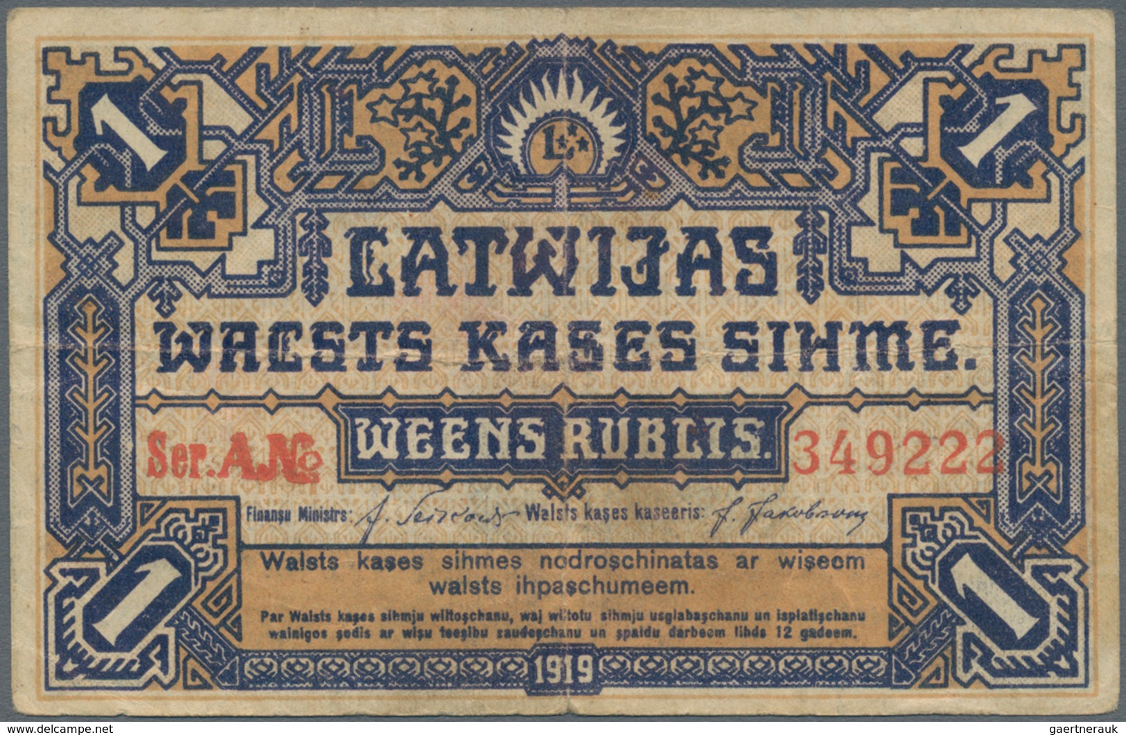 Latvia / Lettland: Latwijas Walsts Kaşes 1 Rublis 1919, P.1, Still Nice And Rare Note With A Few Fol - Letland