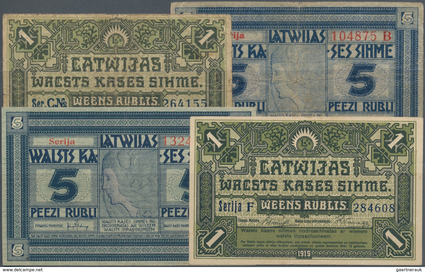 Latvia / Lettland: Latwijas Walsts Kaşes Set With 4 Banknotes Containing 2 X 1 Rublis 1919 P.2a,b In - Lettland