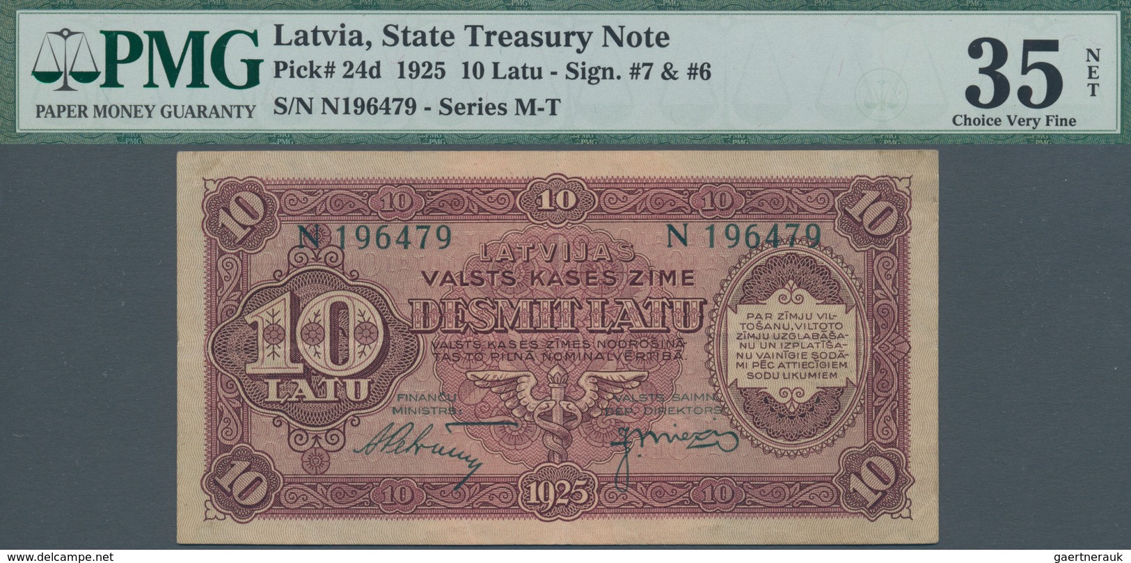 Latvia / Lettland: 10 Latu 1925, P.24d, Minor Foreign Substance, Sign #7 & #6, PMG Graded 35 Choice - Letonia