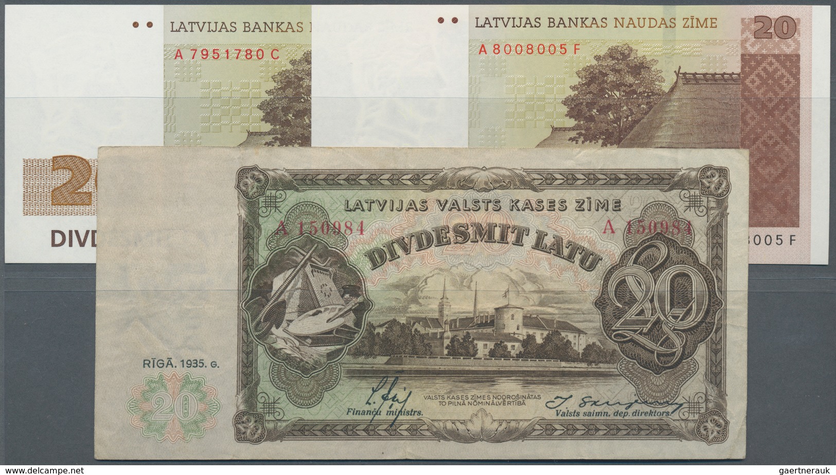 Latvia / Lettland: Set With 3 Banknotes 20 Latu 1935 P.30 (VF), 20 Latu 1992 P.45 (UNC) And 20 Latu - Letonia