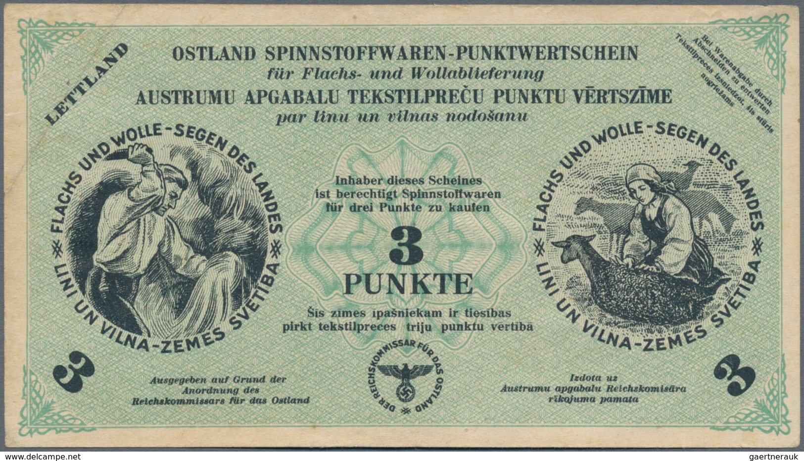 Latvia / Lettland: Ostland Spinnstoffwaren-Punktwertschein 1 And 3 Punkte Dated April 30th 1945, P.N - Letonia