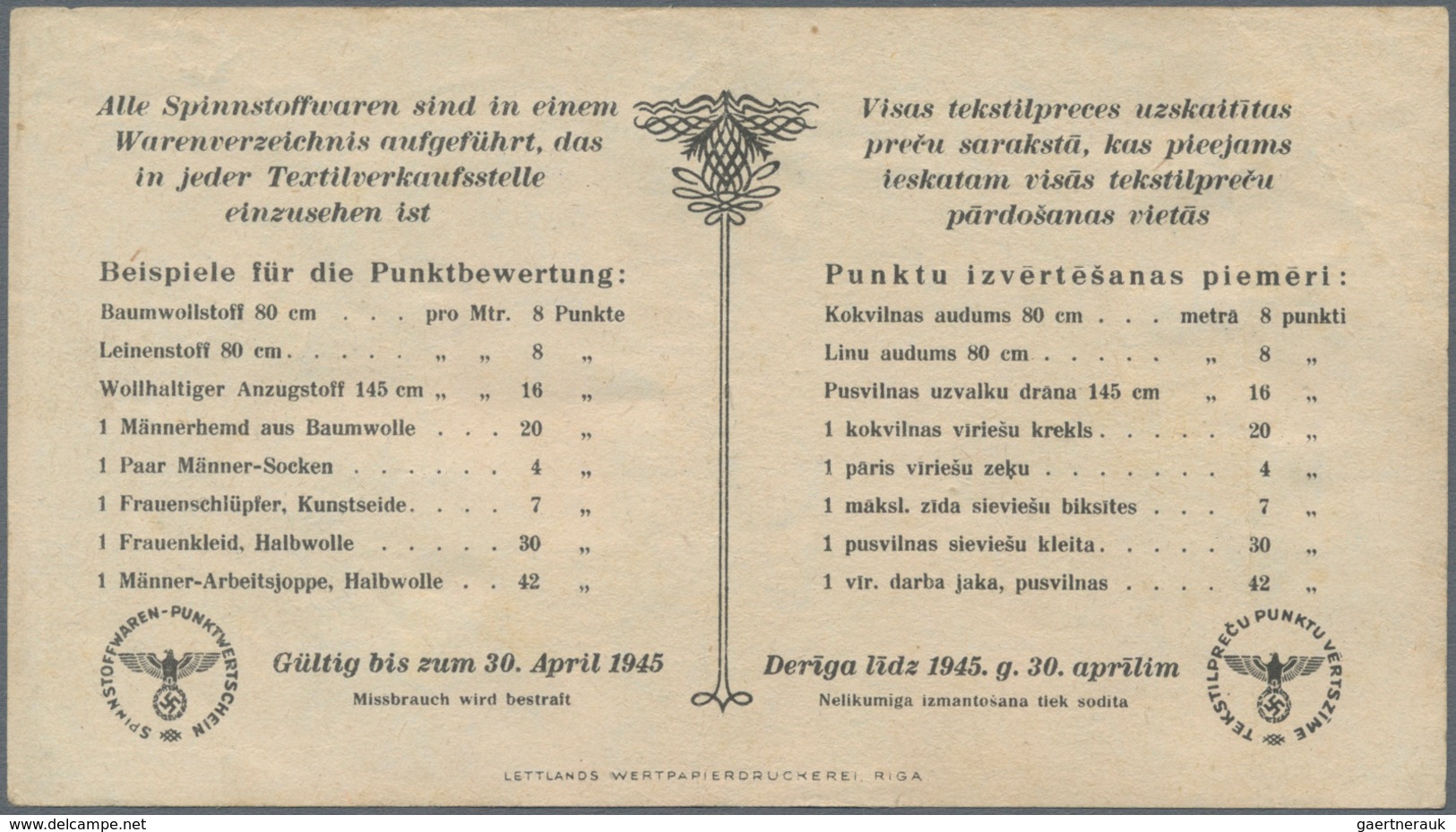 Latvia / Lettland: Ostland Spinnstoffwaren-Punktwertschein 1 And 3 Punkte Dated April 30th 1945, P.N - Letland