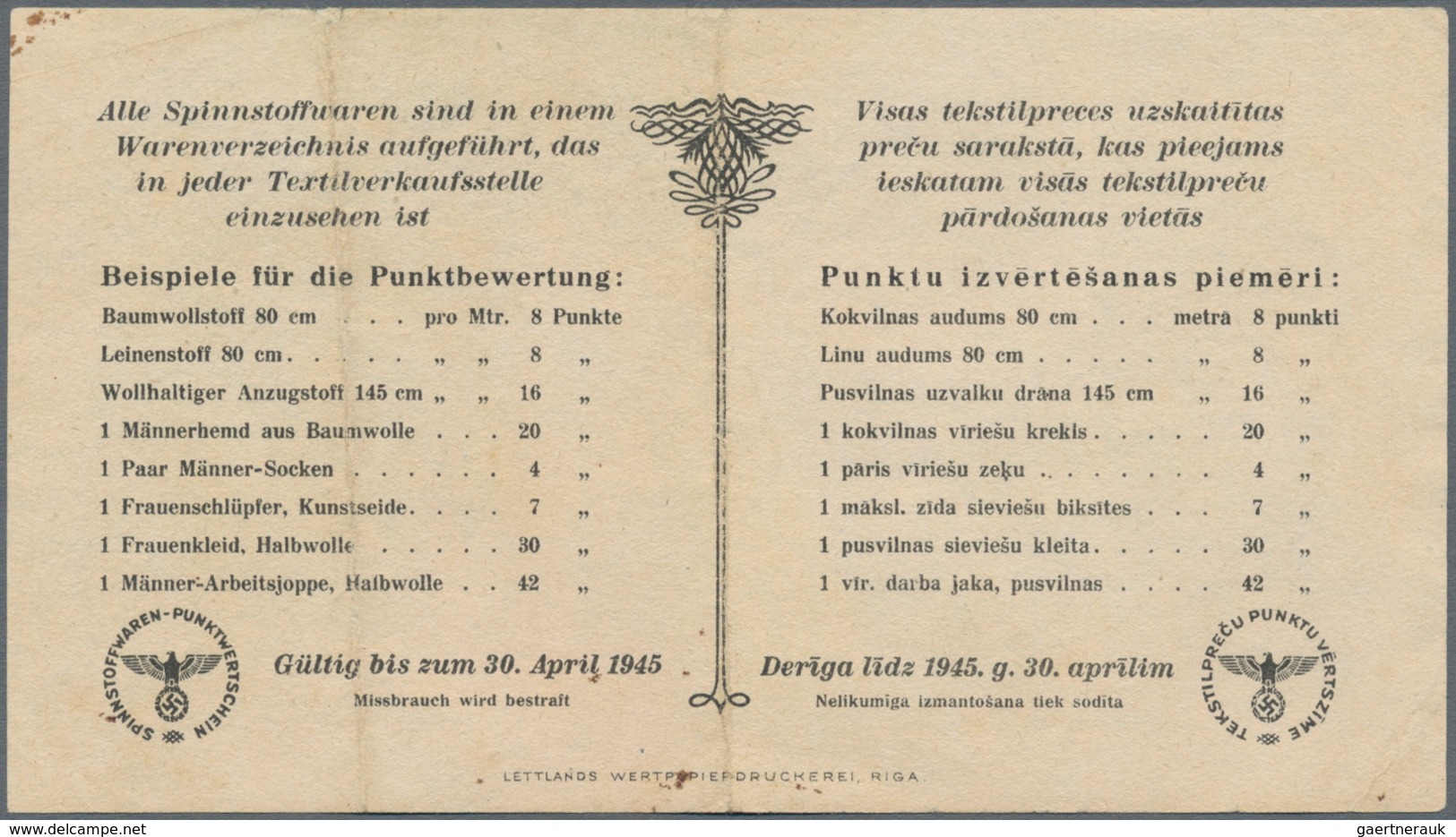 Latvia / Lettland: Ostland Spinnstoffwaren-Punktwertschein 1 And 3 Punkte Dated April 30th 1945, P.N - Letonia