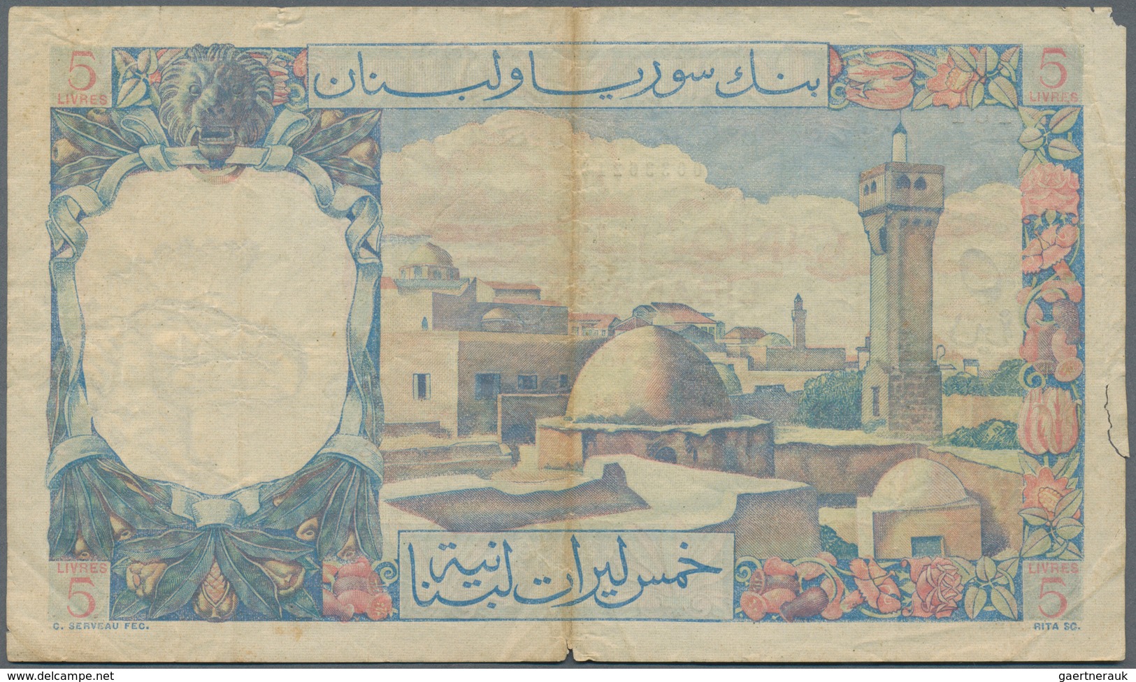Lebanon / Libanon: Banque De Syrie Et Du Liban 5 Livres 1950, P.49, Still Strong Paper With A Few Fo - Libanon