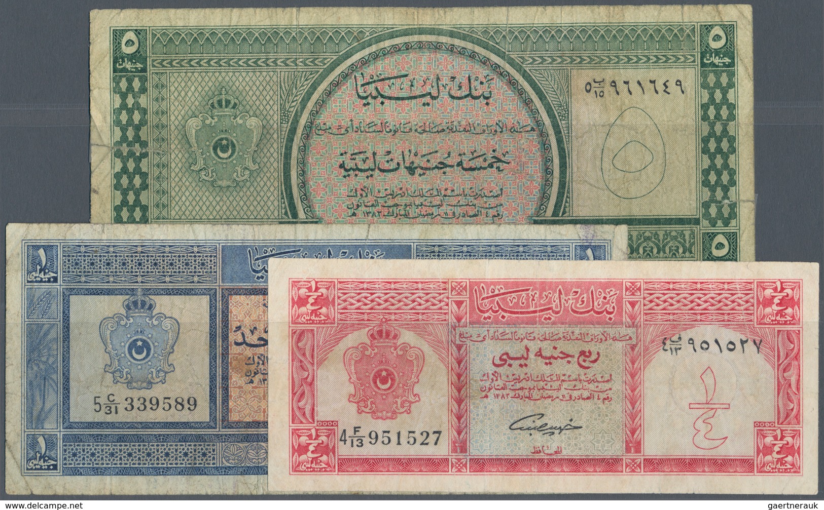Libya / Libyen: Set Of 3 Banknotes Containing 1/4, 1 & 5 Pounds L.1963 P. 28, 30, 31, All Used With - Libia