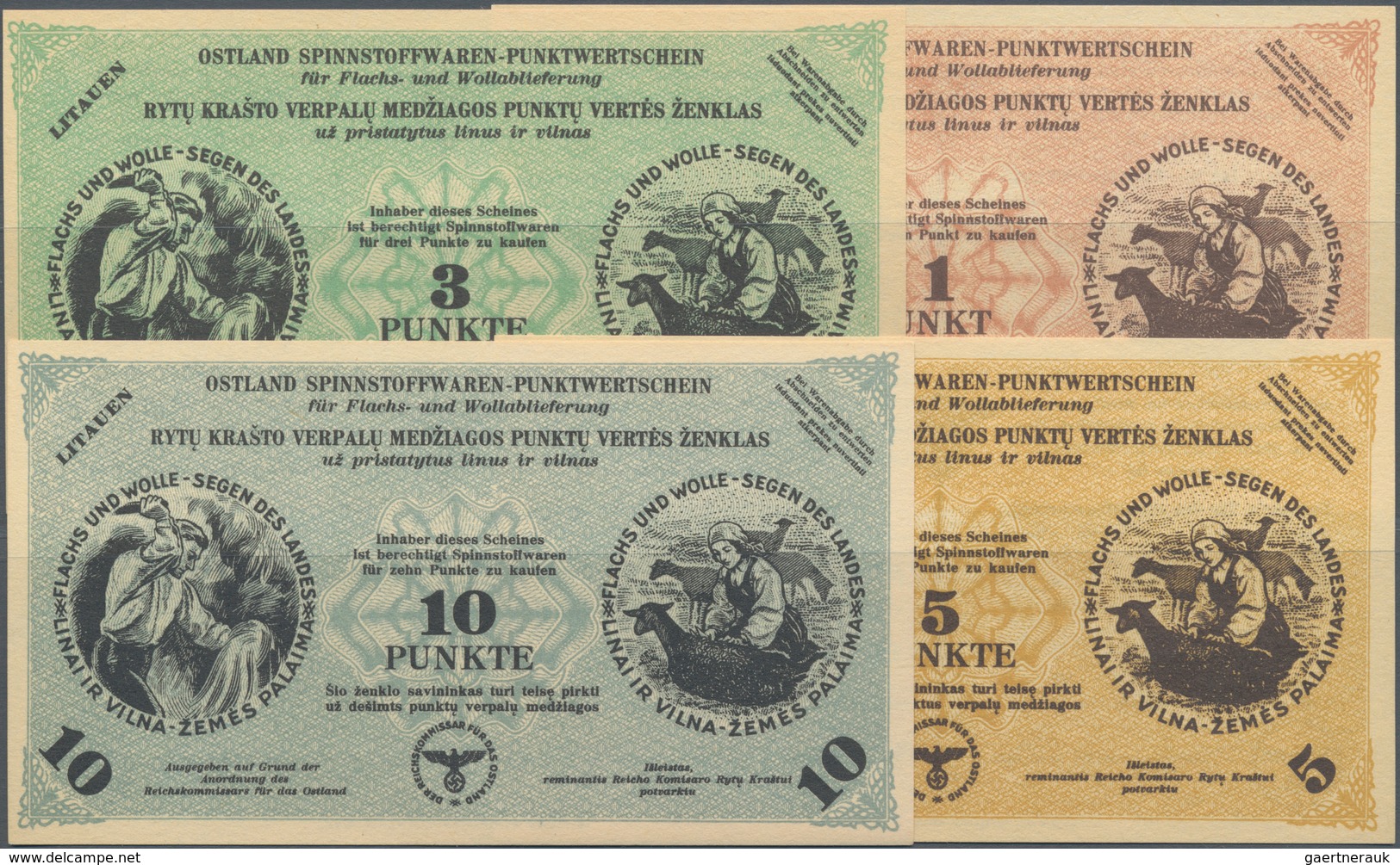 Lithuania / Litauen: Ostland Spinnstoffwaren-Punktwertschein Set With 1, 3, 5 And 10 Punkte, Dated 1 - Litouwen