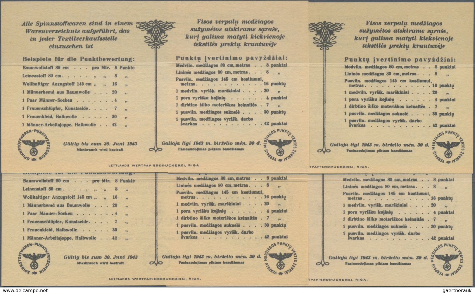 Lithuania / Litauen: Ostland Spinnstoffwaren-Punktwertschein Set With 1, 3, 5 And 10 Punkte, Dated 1 - Litouwen