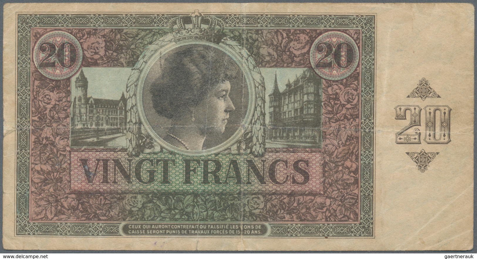 Luxembourg: Grand-Duché De Luxembourg 20 Francs L. 28.11.1914 & 08.09.1918 (1926), P.35, Highly Rare - Luxemburgo