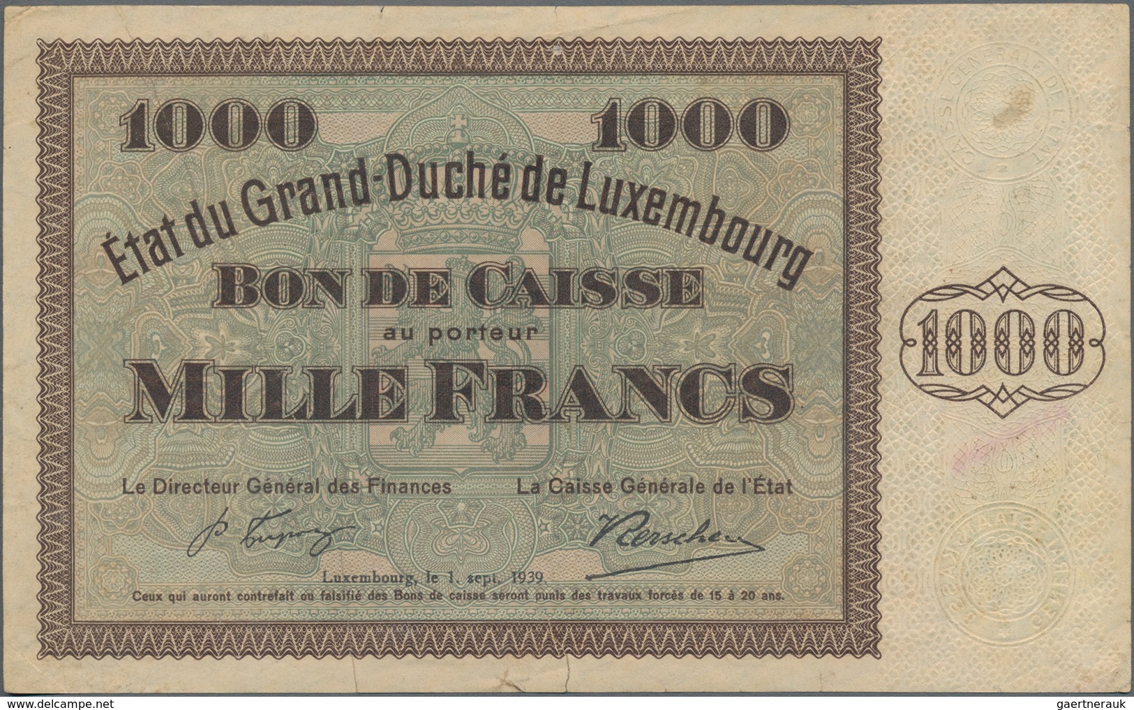 Luxembourg: État Du Grand-Duché Grand Duché De Luxembourg 1000 Francs 1939 (1940), P.40a, Very Popul - Luxembourg