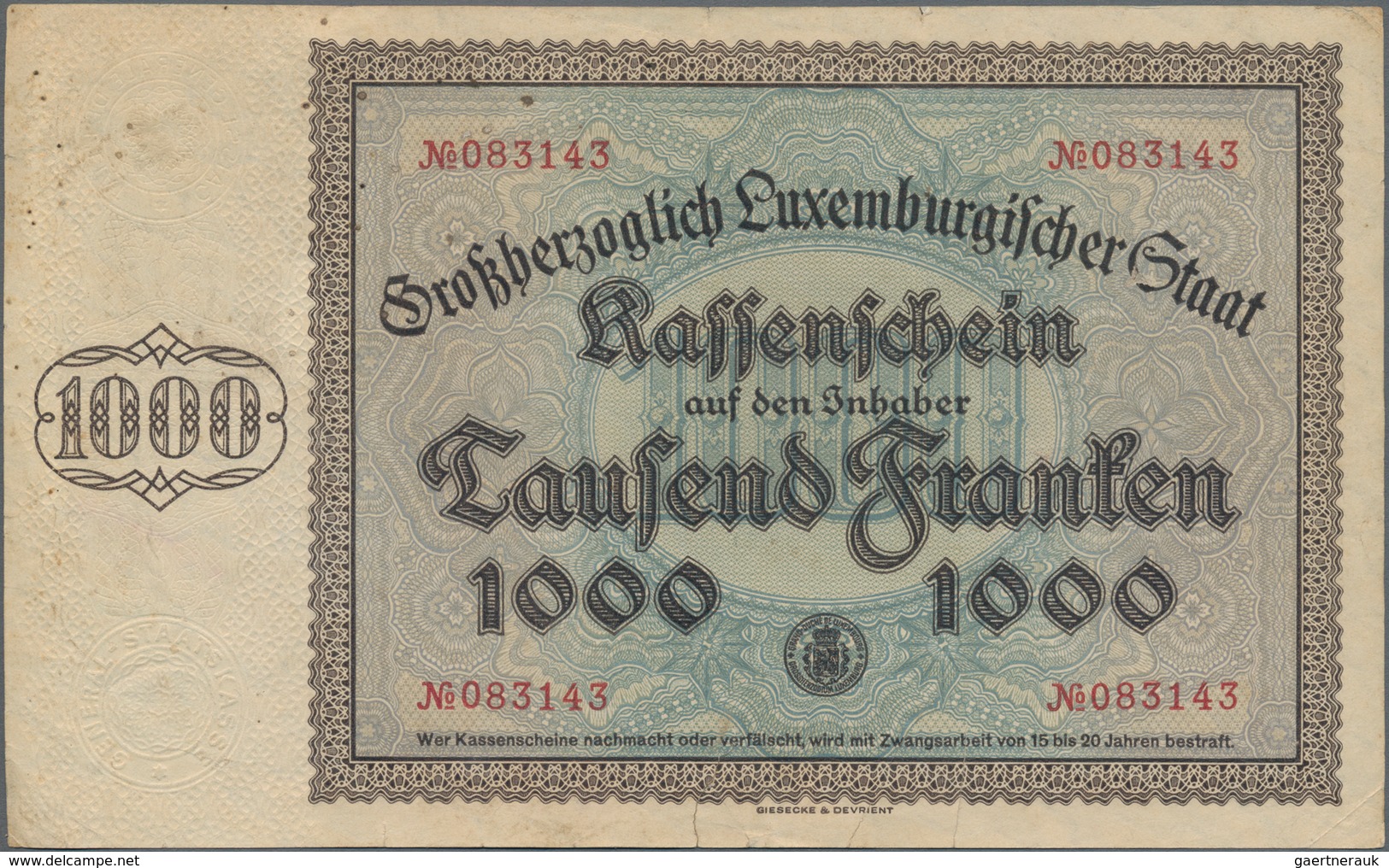 Luxembourg: État Du Grand-Duché Grand Duché De Luxembourg 1000 Francs 1939 (1940), P.40a, Very Popul - Luxemburgo