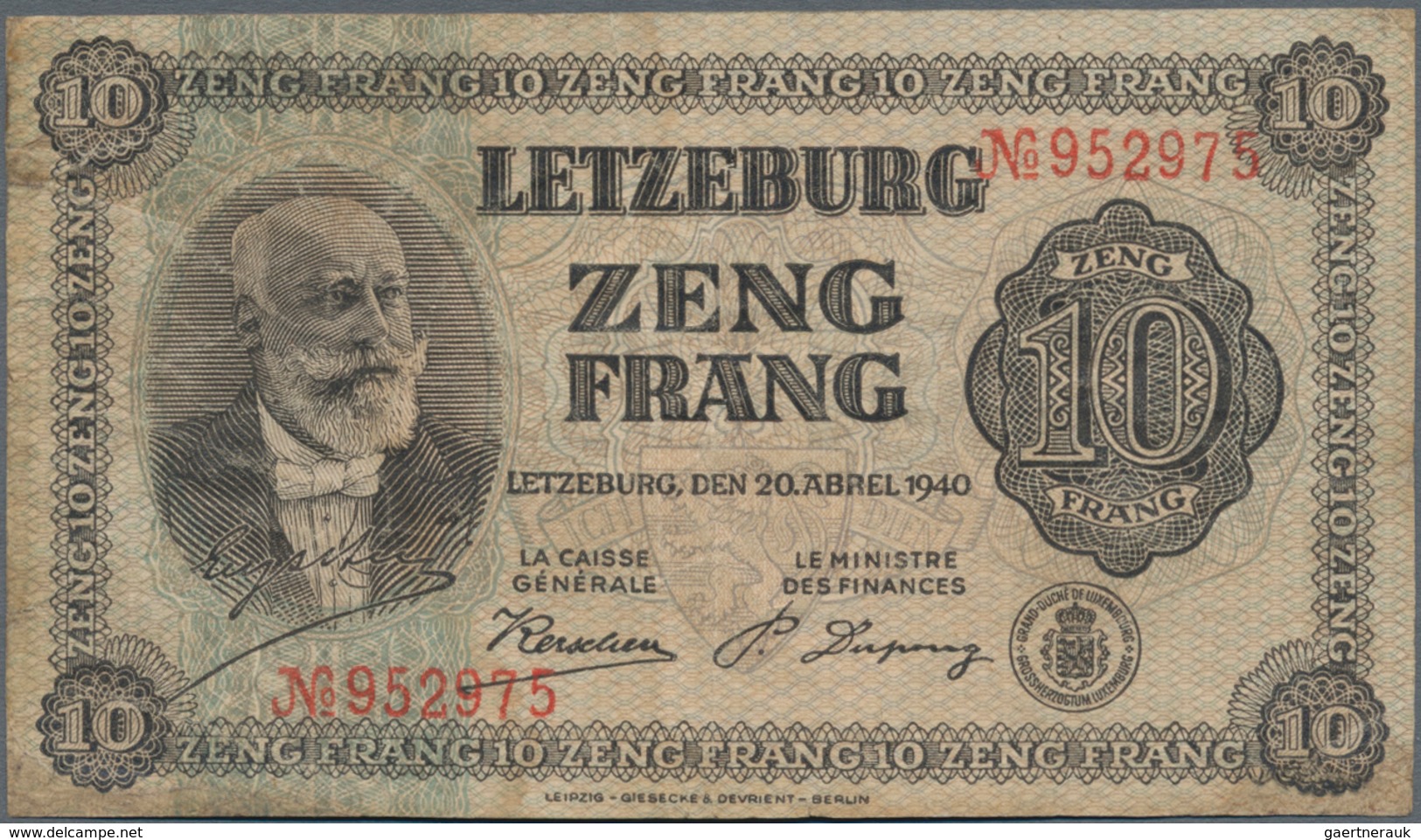 Luxembourg: 10 Frang 1940, P.41, Lightly Stained And Two Stronger Vertical Folds. Condition: F+/VF. - Luxemburg