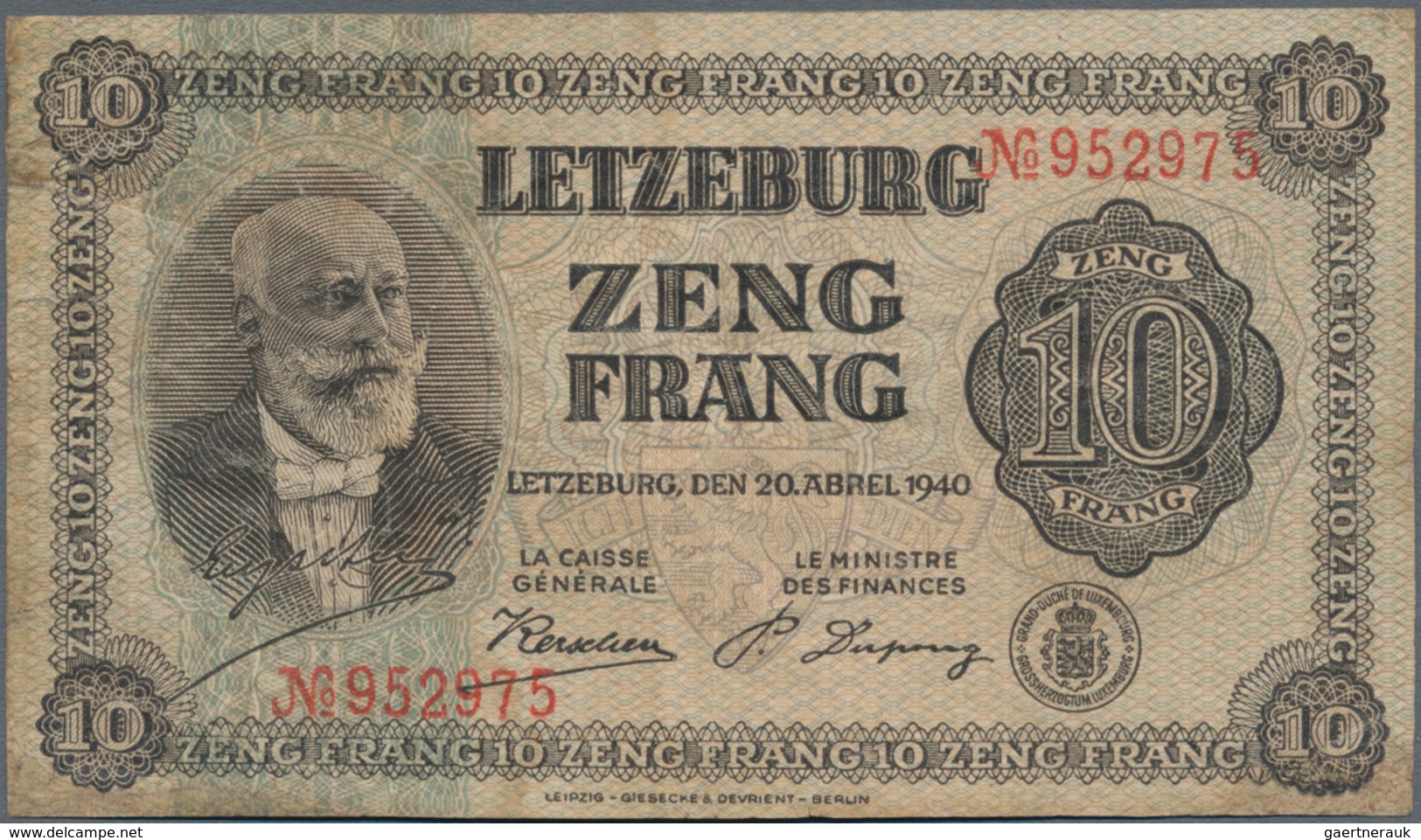 Luxembourg: 10 Frang 1940, P.41, Lightly Stained And Two Stronger Vertical Folds. Condition: F+/VF. - Luxembourg