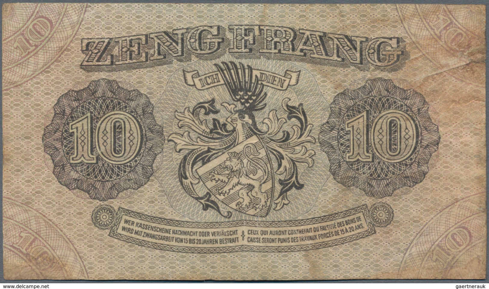 Luxembourg: 10 Frang 1940, P.41, Lightly Stained And Two Stronger Vertical Folds. Condition: F+/VF. - Luxembourg