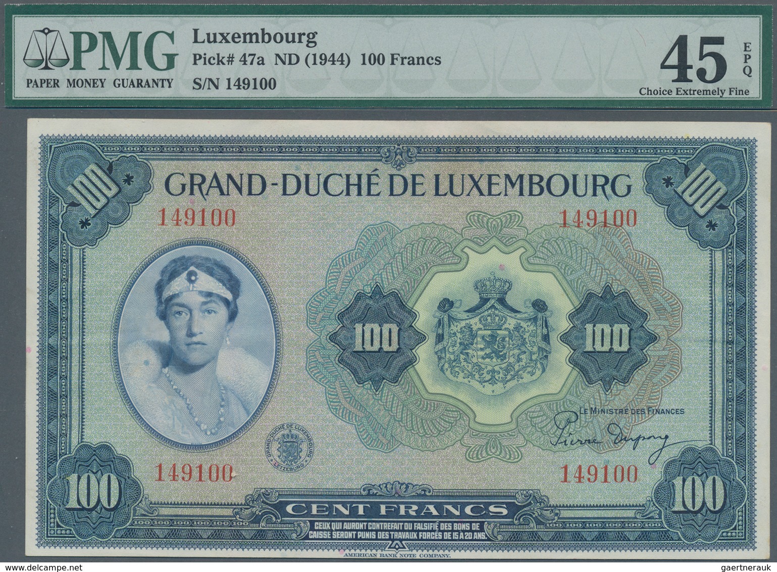 Luxembourg: Grand-Duché De Luxembourg 100 Francs ND(1944), P.47a, Great Original Shape With A Few So - Luxemburg