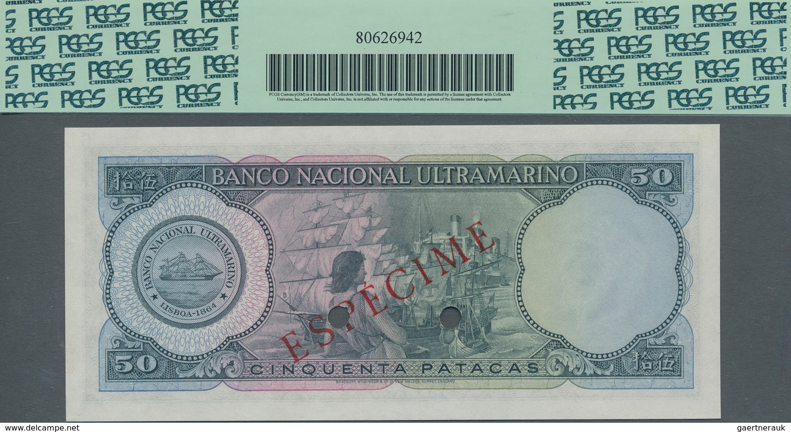 Macau / Macao: Banco Nacional Ultramarino 50 Patacas 1958 SPECIMEN, P.47s With Punch Hole Cancellati - Macao