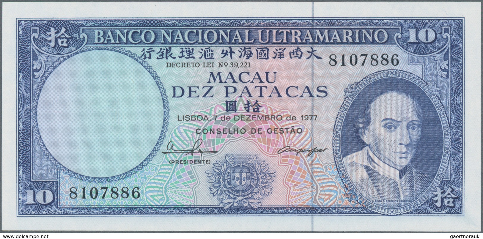 Macau / Macao: Banco Nacional Ultramarino 10 Patacas 1977, P.55a In Perfect UNC Condition. - Macao