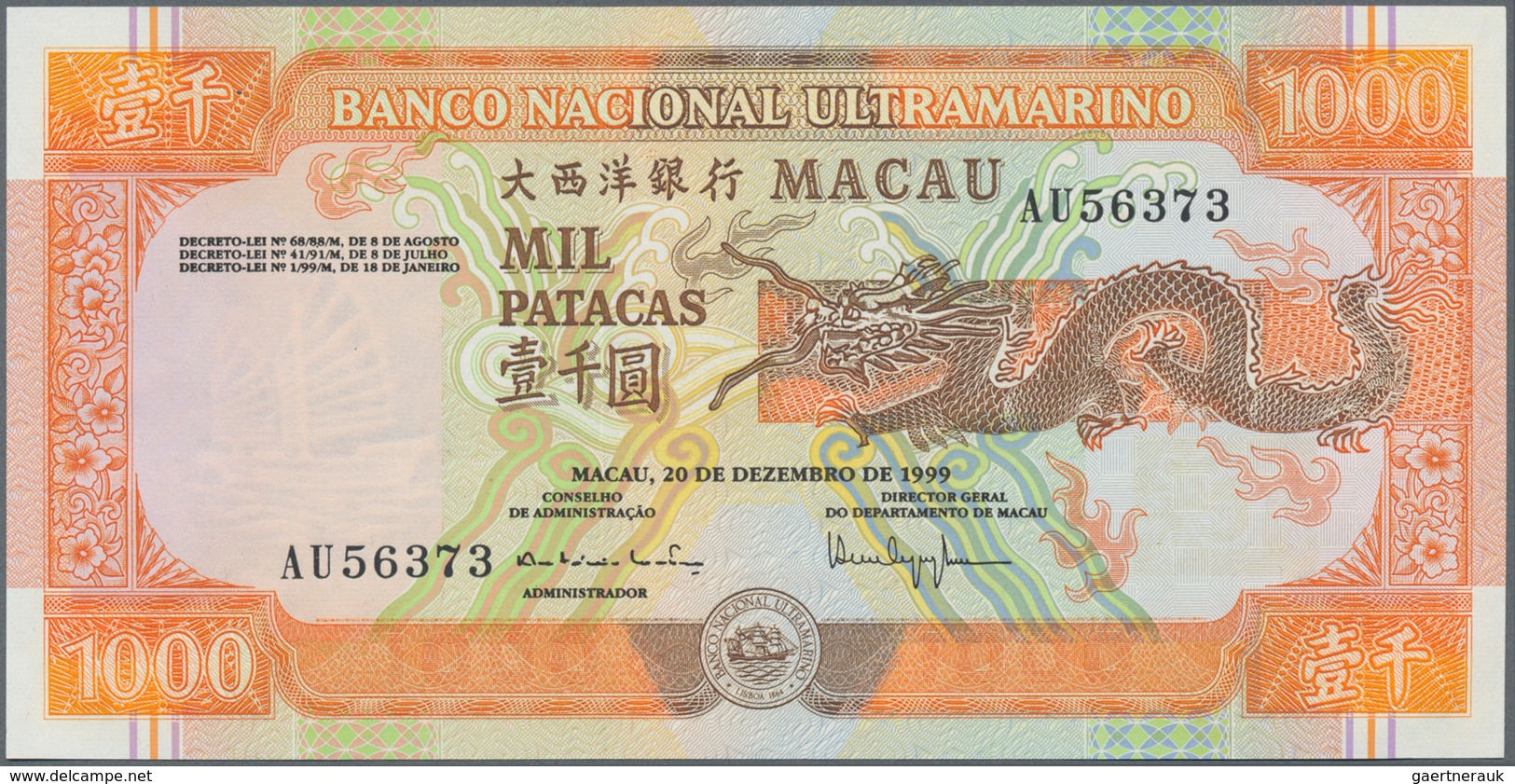 Macau / Macao: Banco Nacional Ultramarino 1000 Patacas 1999, P.75b In Perfect UNC Condition. Rare! - Macao