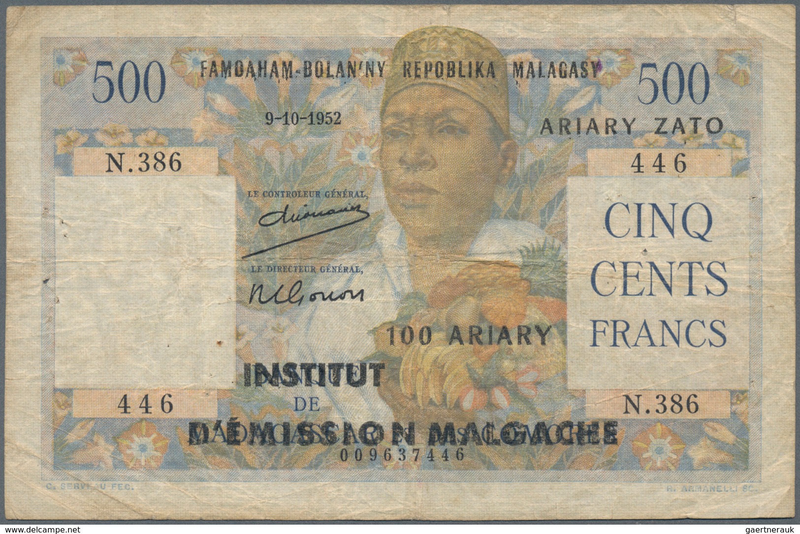 Madagascar: Institut D'Émission Malgache / Famoaham-Bolan'ny Repoblika Malagasy 500 Francs 1952 (196 - Madagaskar