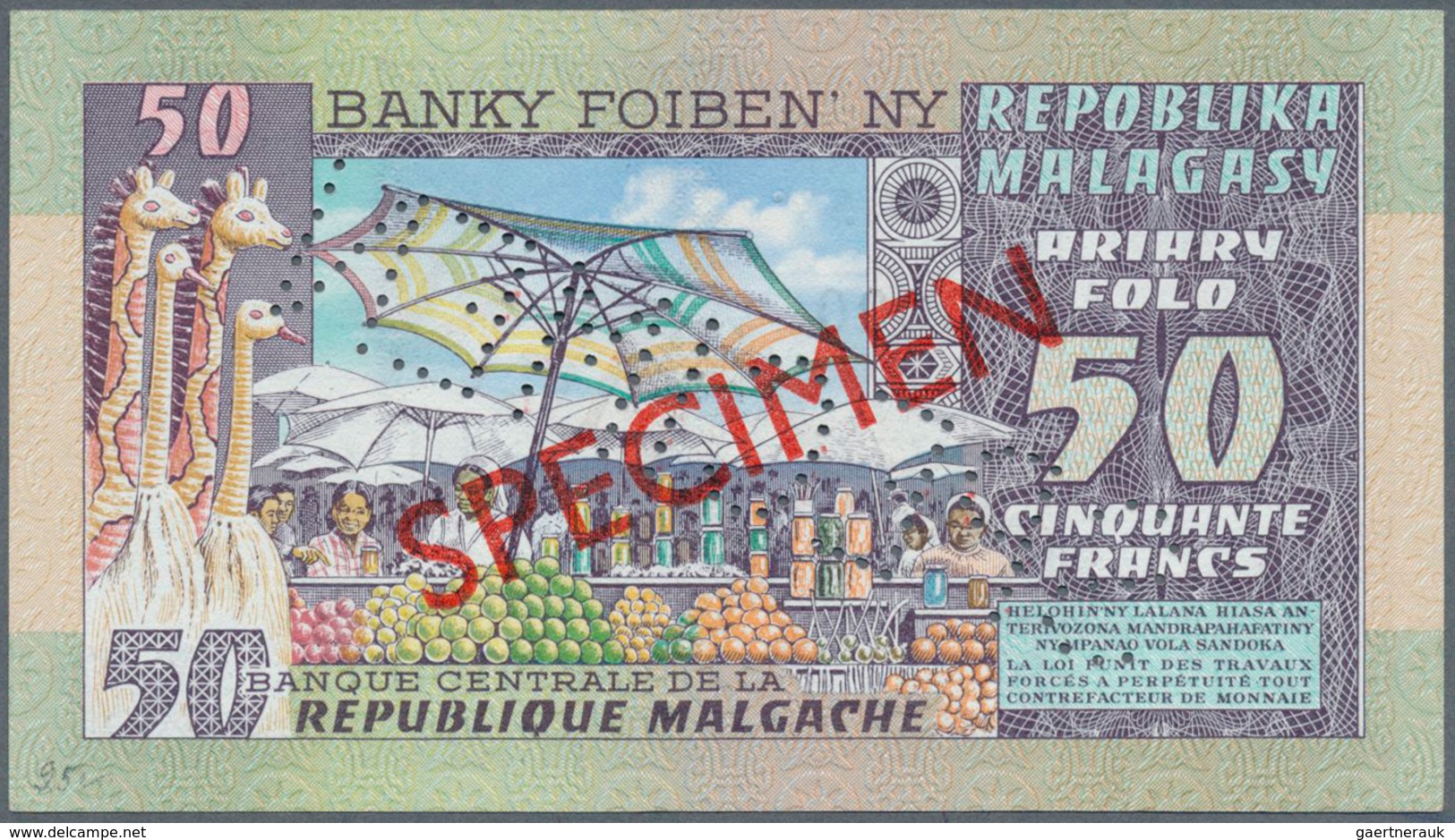 Madagascar: Set Of 2 SPECIMEN Banknotes 50 And 100 Ariary P. 62s, 63s With Specimen Overprint And Sp - Madagaskar