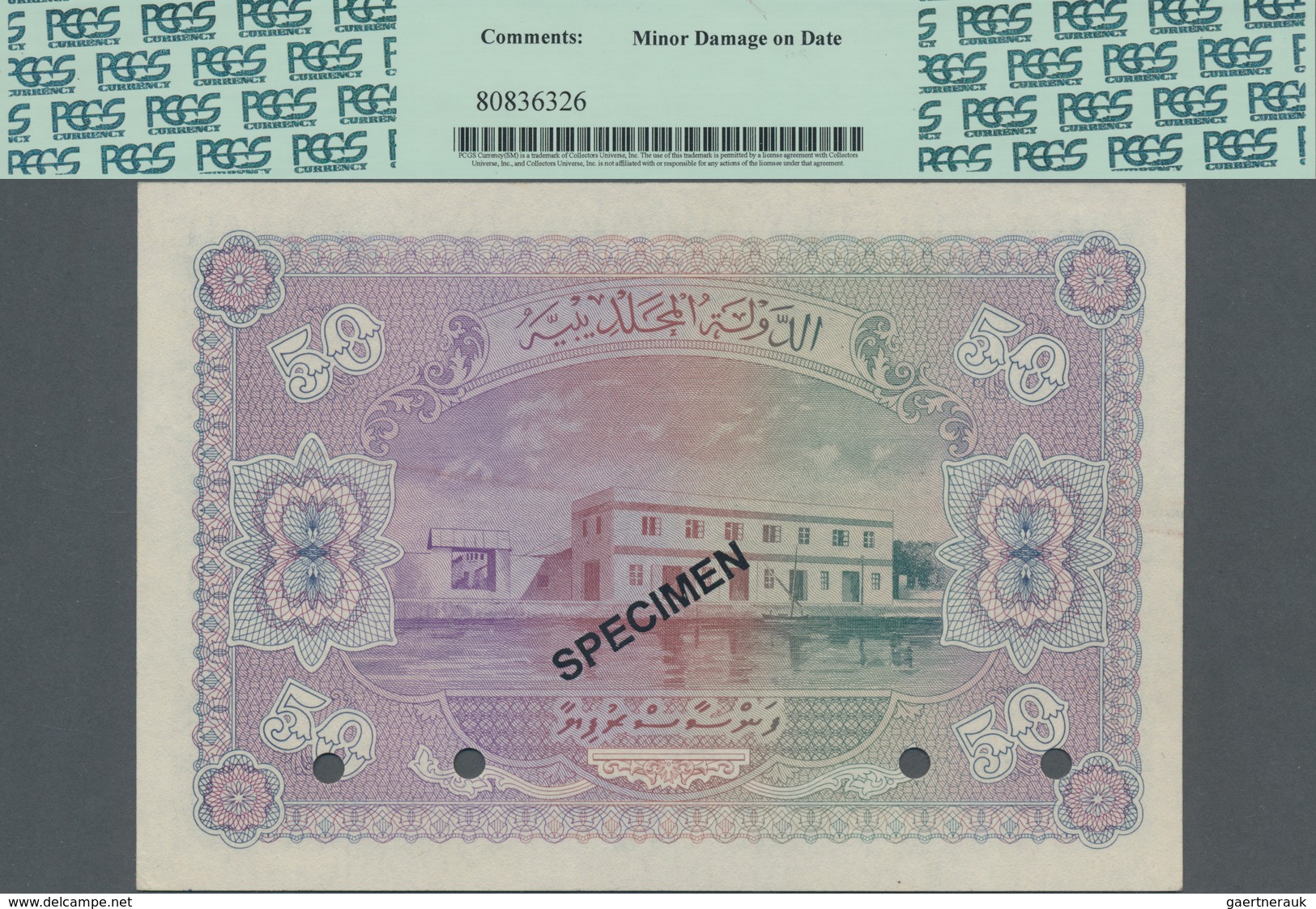 Maldives / Malediven:  Maldivian State / Government Treasurer 50 Rupees 1951 SPECIMEN, P.6as, Tiny D - Maldivas