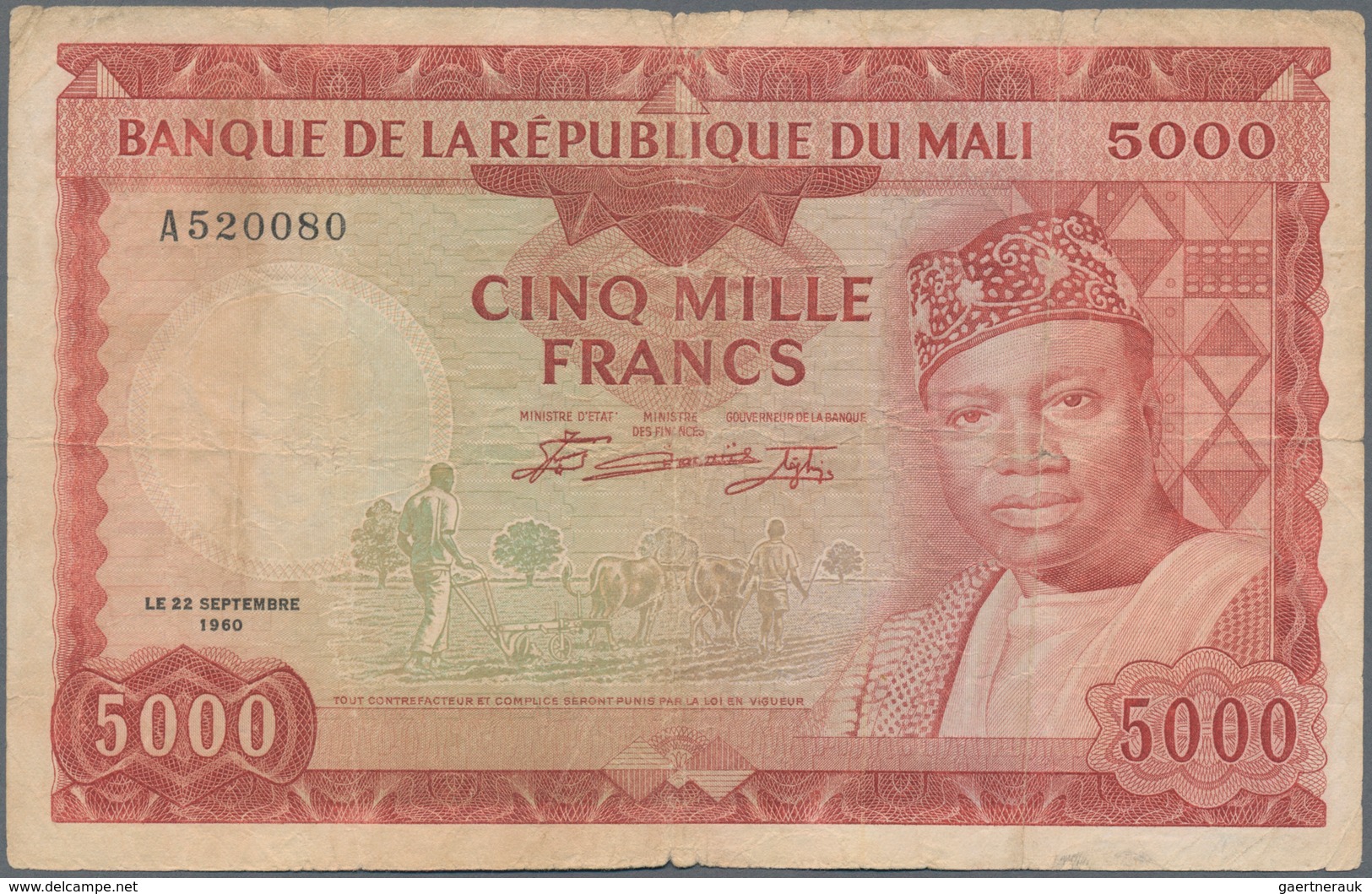 Mali: Very nice set with 5 banknotes Banque de la République du Mali with 100 and 5000 Francs first