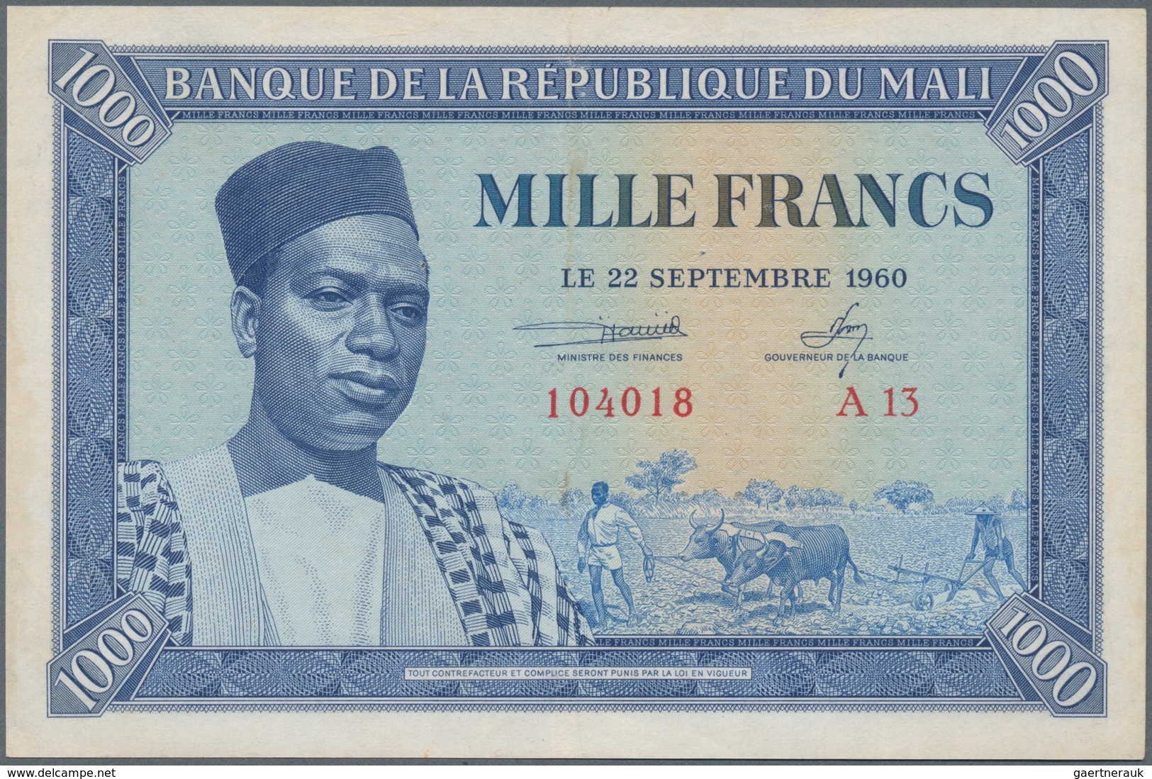 Mali: Banque De La République Du Mali 1000 Francs 1960, P.4, Great Condition With Soft Vertical Bend - Malí