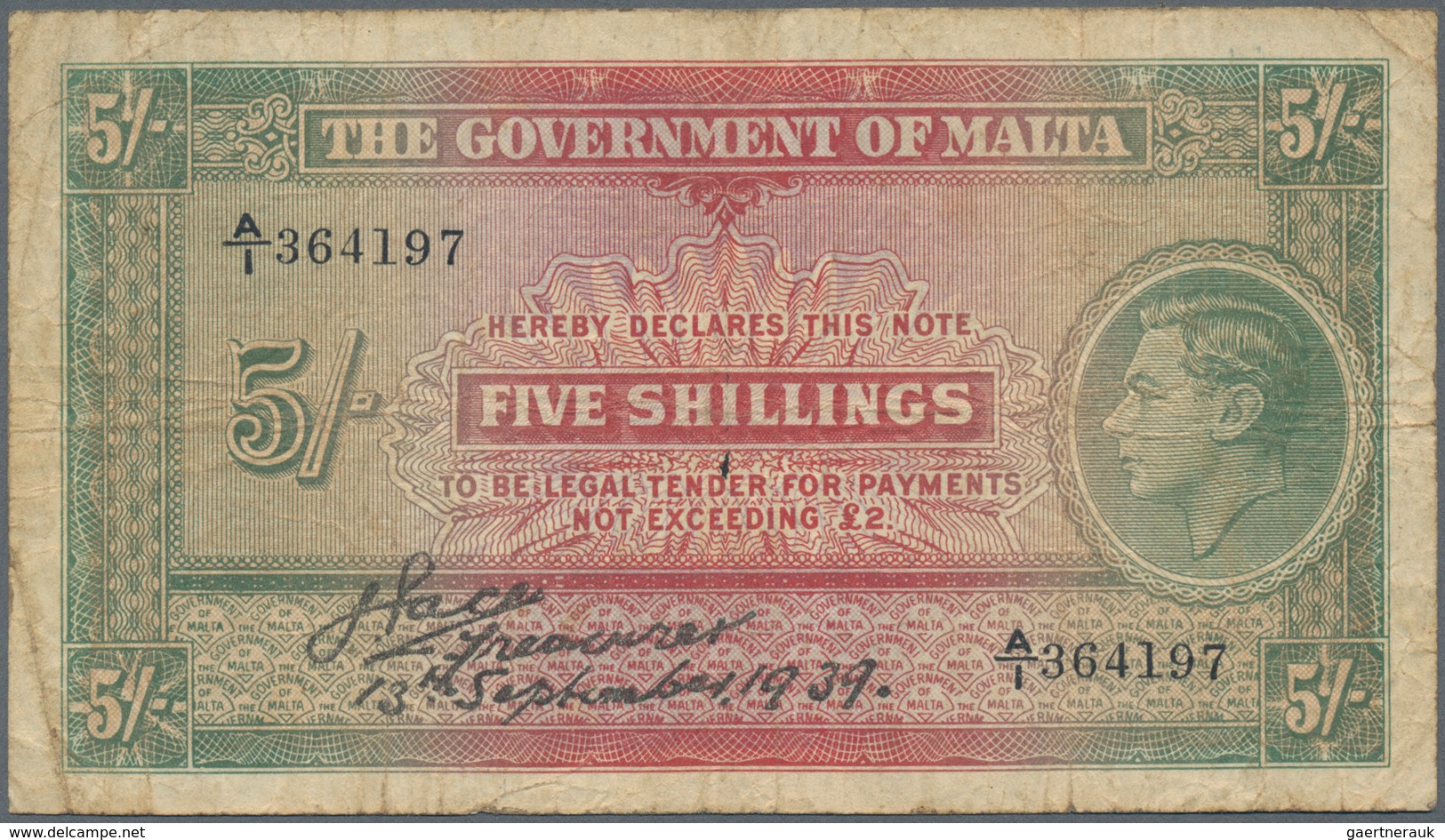 Malta: The Government Of Malta 5 Shillings 1939, P.12, Lightly Toned Paper And Several Folds. Condit - Malte