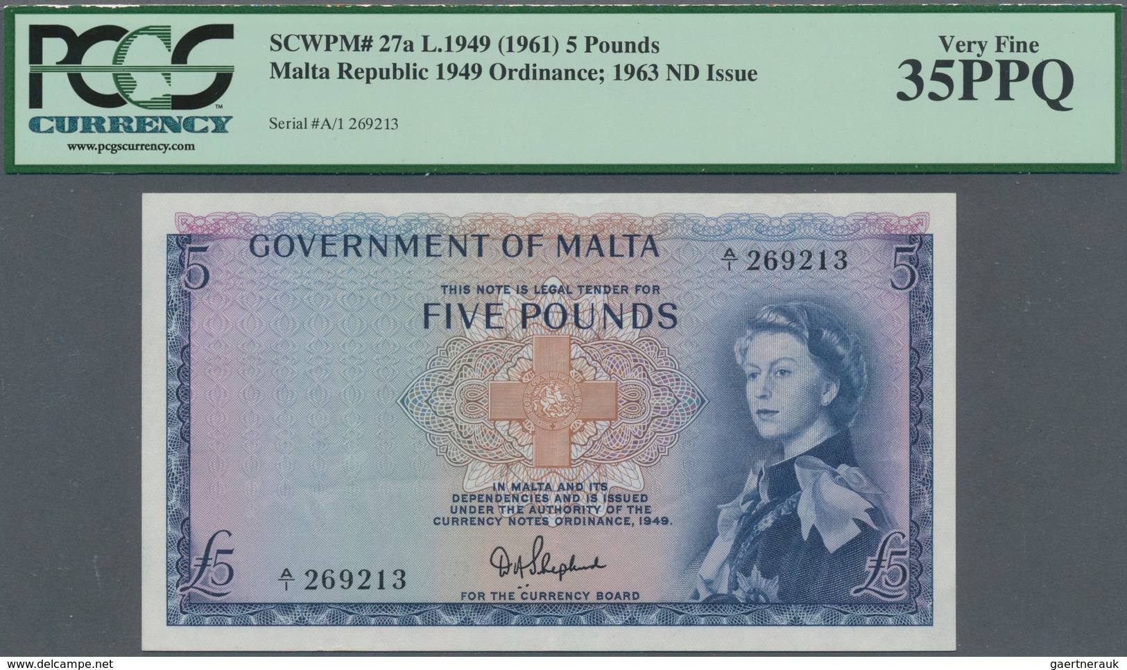 Malta: Government Of Malta 5 Pounds L.1949 (1961), P.27a, Great Condition With A Few Vertical Folds - Malta