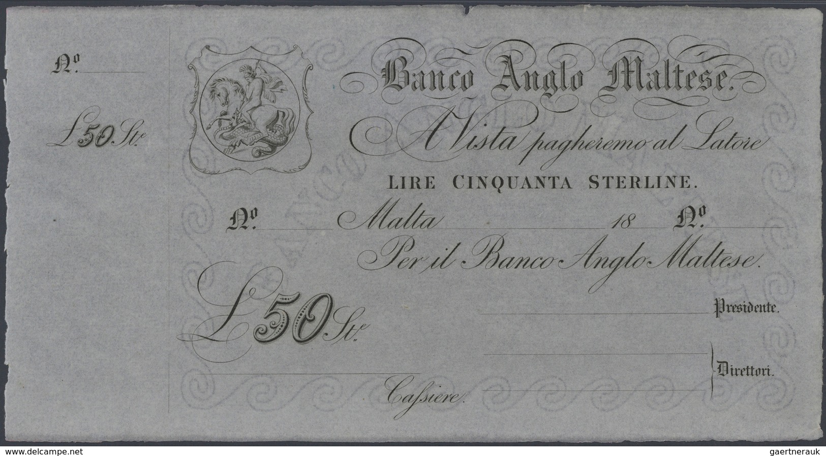 Malta: Banco Anglo Maltese Unsigned Remainder For 50 Pounds ND(1880), P.S116r In Excellent Condition - Malte