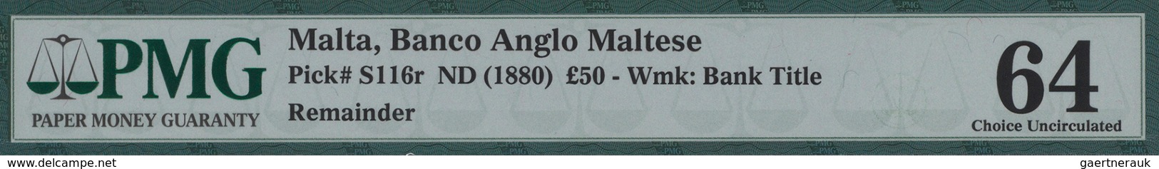 Malta: Banco Anglo Maltese Unsigned Remainder For 50 Pounds ND(1880), P.S116r In Excellent Condition - Malta