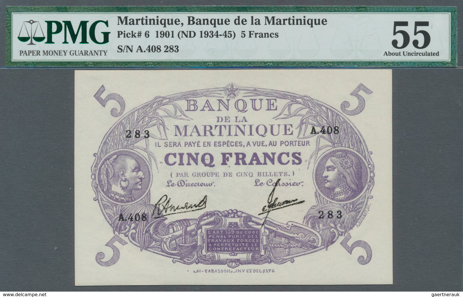 Martinique: 5 Francs ND(1934-45) P. 6, In Condition: PMG Graded 55 AUNC. - Otros & Sin Clasificación