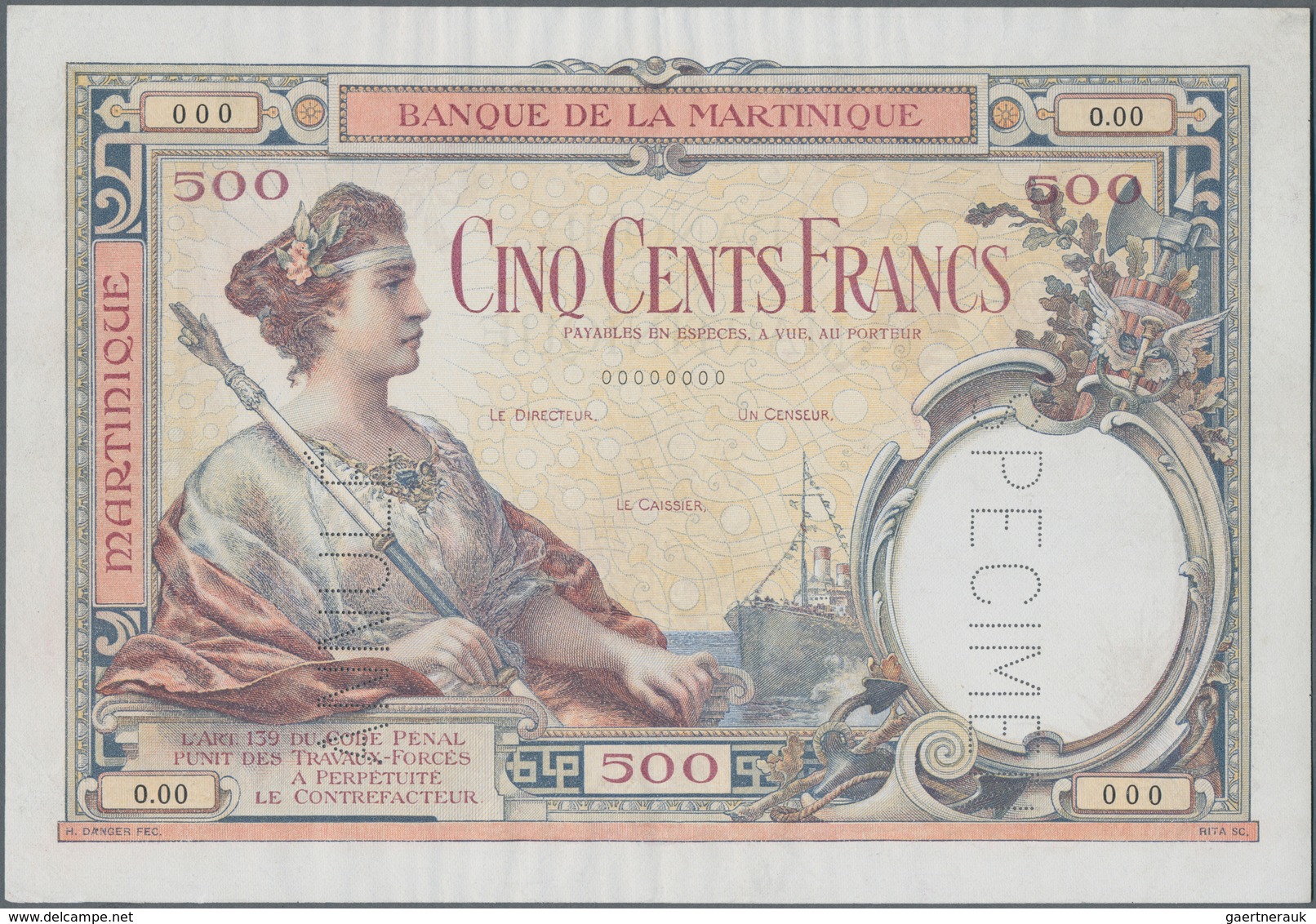 Martinique: Banque De La Martinique 500 Francs ND(1932-45) SPECIMEN, P.14s With Perforation “Annulé” - Sonstige & Ohne Zuordnung