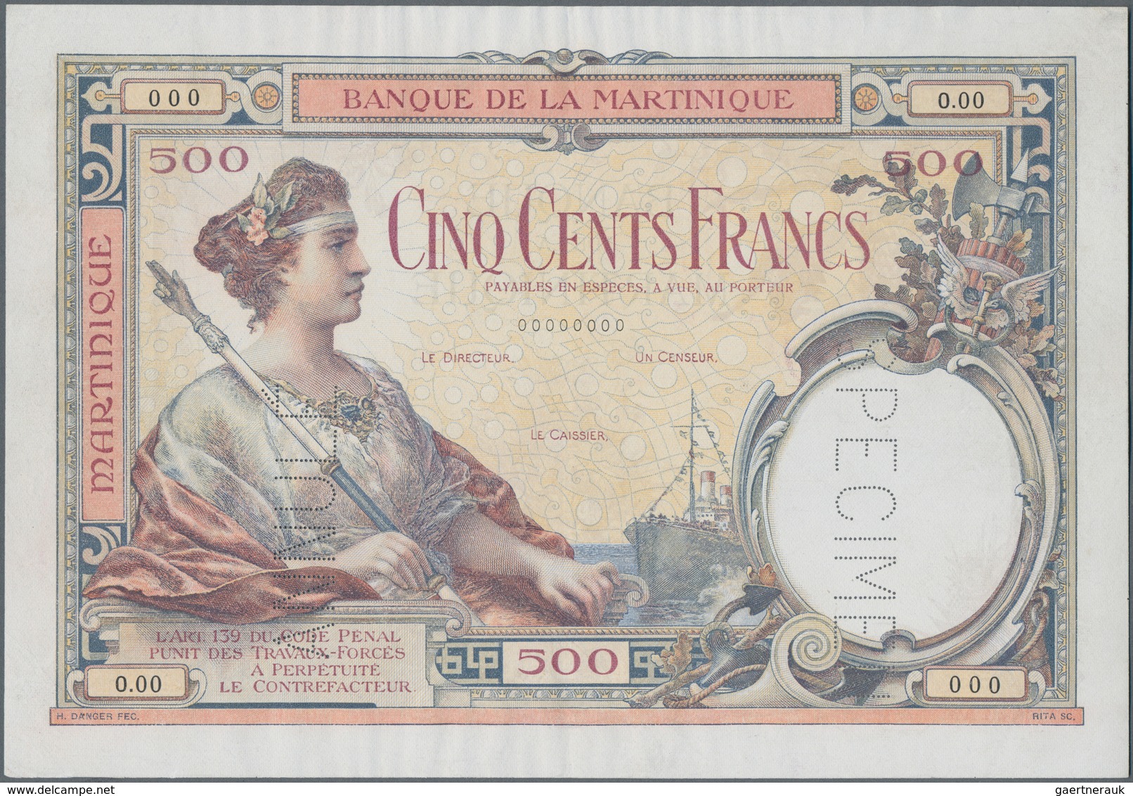 Martinique: Banque De La Martinique 500 Francs ND(1932-45) SPECIMEN, P.14s With Perforation “Annulé” - Andere & Zonder Classificatie