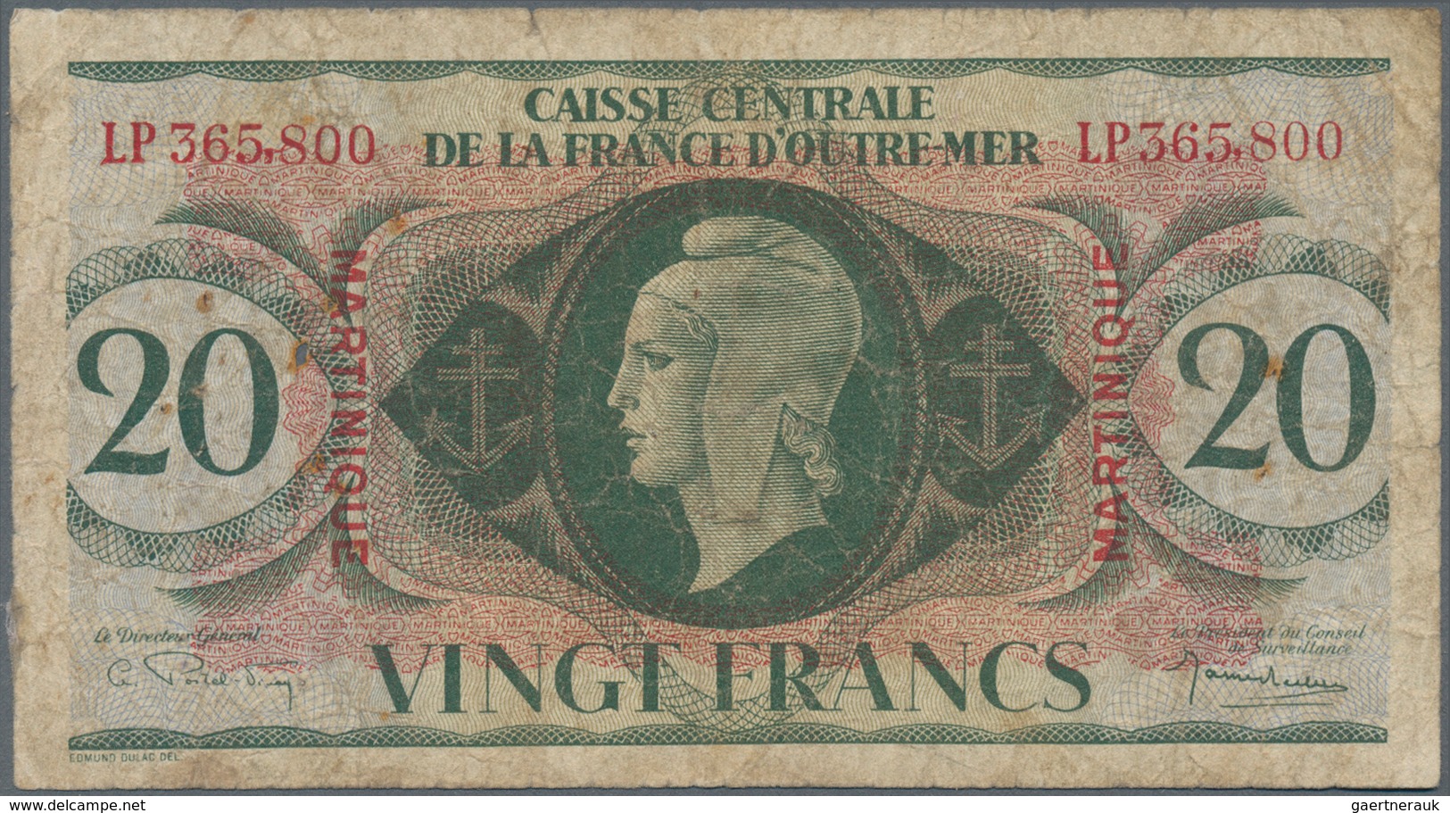 Martinique: Caisse Centrale De La France D'Outre-Mer 20 Francs L.1944, P.24, Rusty Pinholes, Margin - Sonstige & Ohne Zuordnung