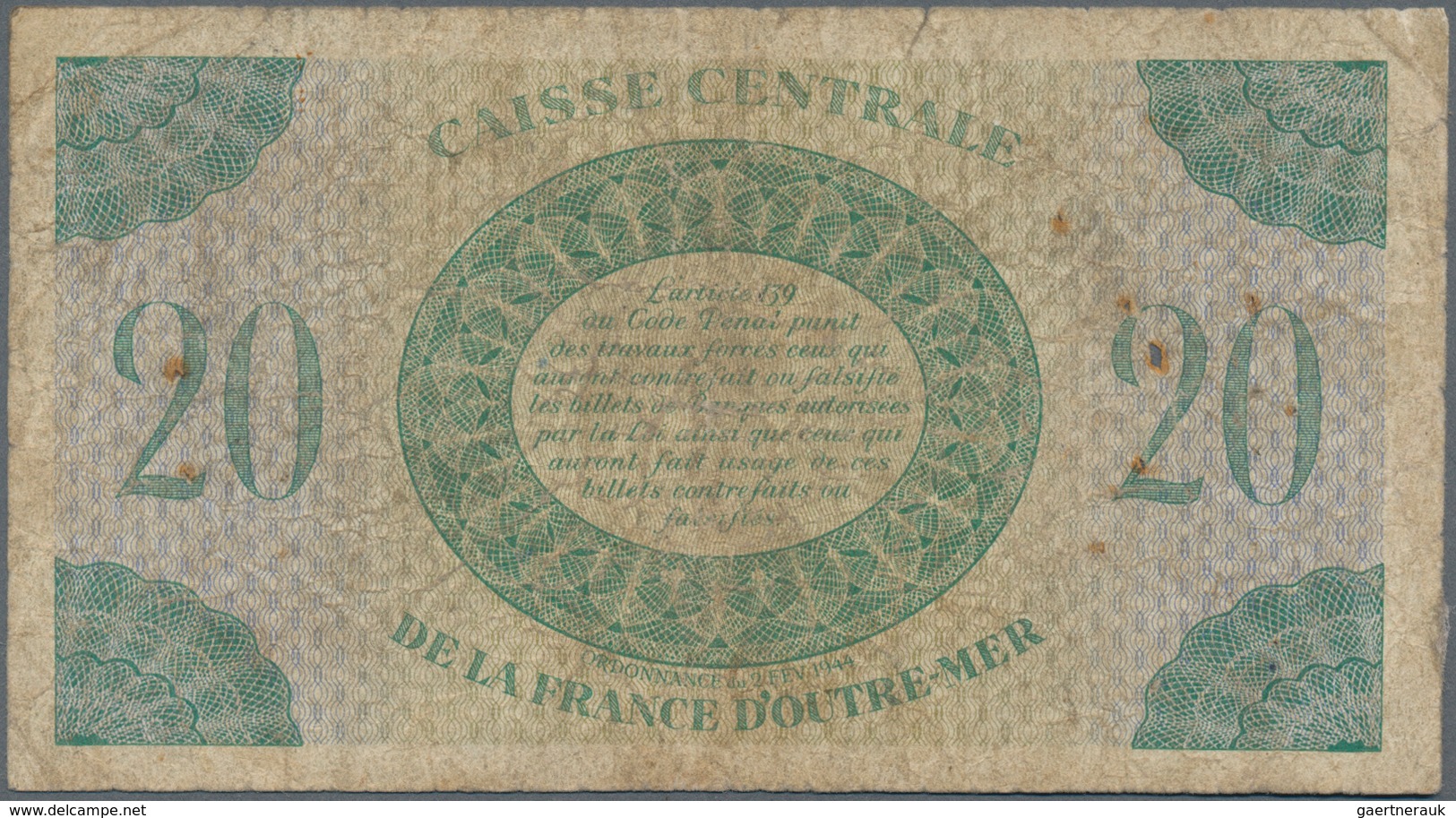 Martinique: Caisse Centrale De La France D'Outre-Mer 20 Francs L.1944, P.24, Rusty Pinholes, Margin - Otros & Sin Clasificación