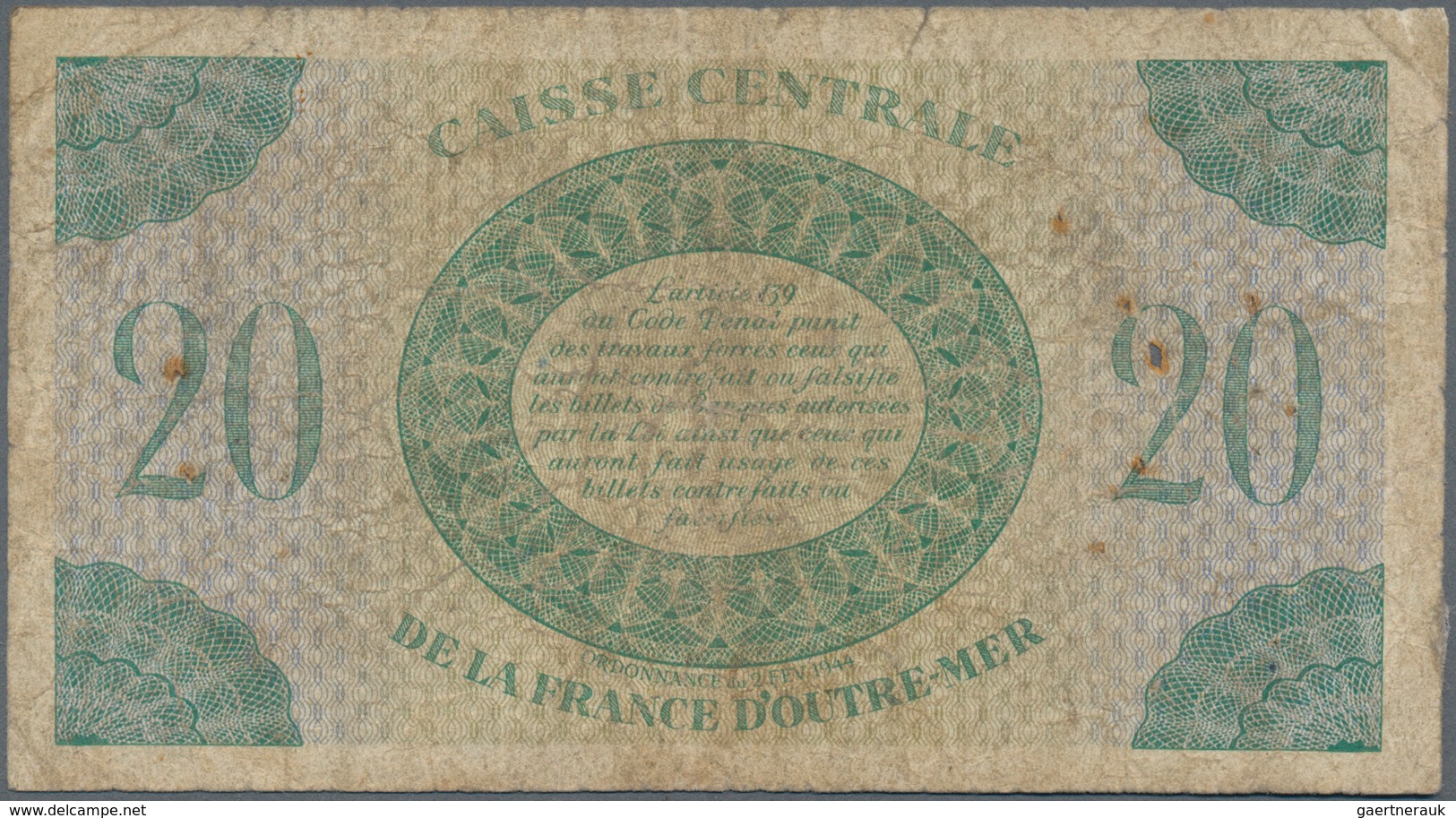 Martinique: Caisse Centrale De La France D'Outre-Mer 20 Francs L.1944, P.24, Rusty Pinholes, Margin - Andere & Zonder Classificatie